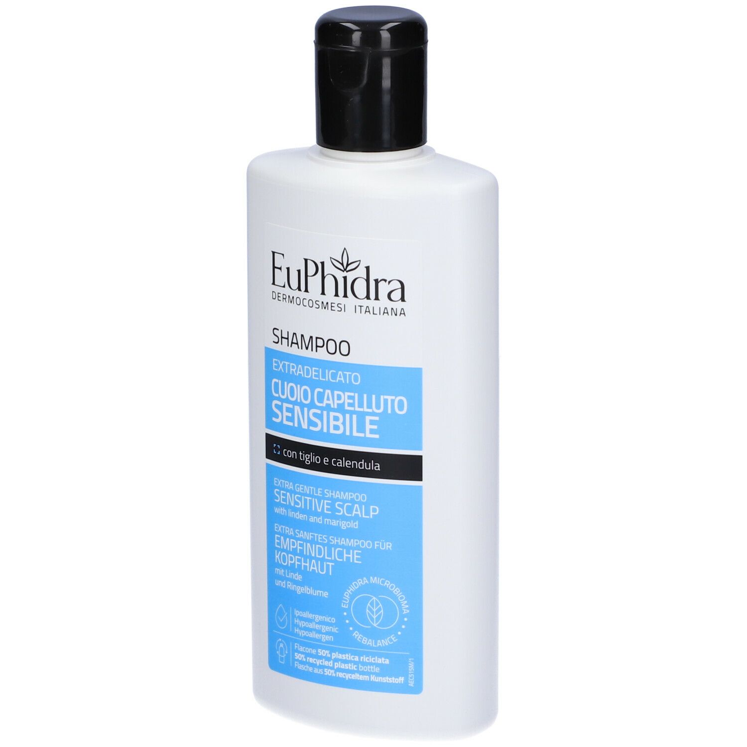 Weiße Shampoo-Flasche mit schwarzem Deckel. Etikett mit EuPhidra Logo, "SHAMPOO" und "CUOIO CAPELLUTO SENSIBILE".