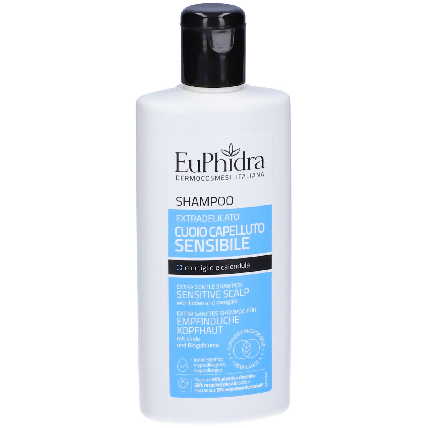 Weiße Shampoo-Flasche mit schwarzem Klappdeckel. Etikett mit blauem und weißem Text.