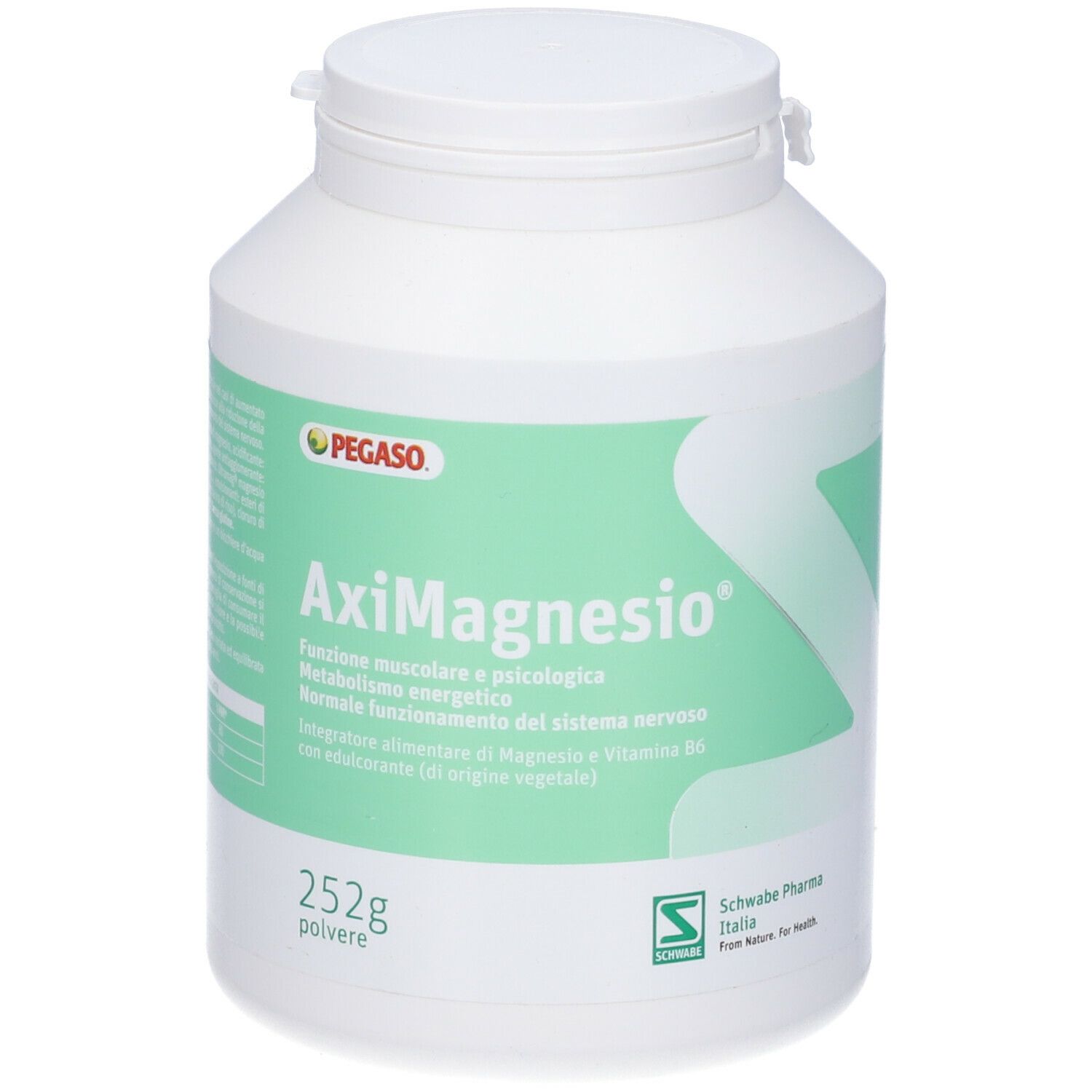 Polvere bianca in barattolo. Scritta Aximagnesio, 252g. Marchi Pegaso e Schwabe Pharma.