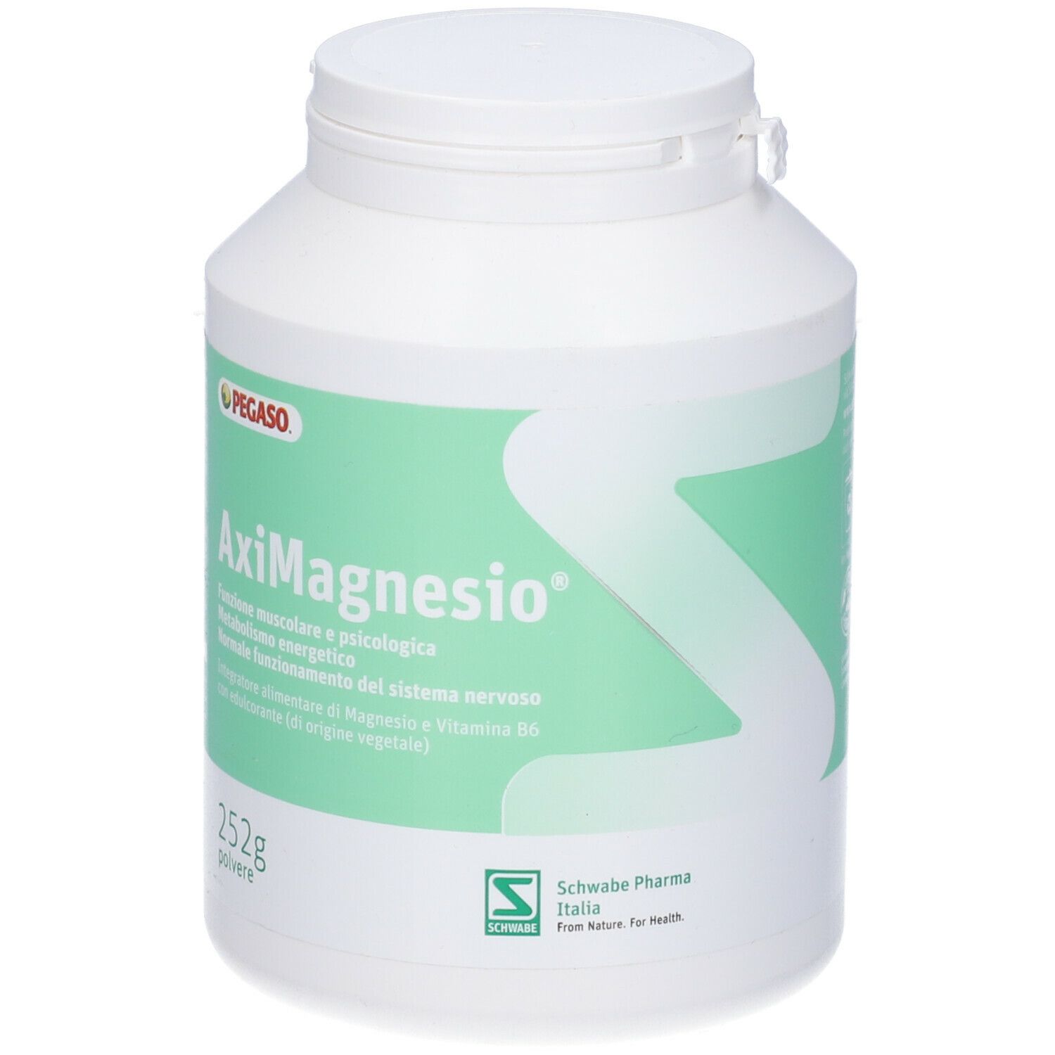 Polvere bianca in barattolo. Scritta Aximagnesio, 252g. Marchi Pegaso e Schwabe Pharma.