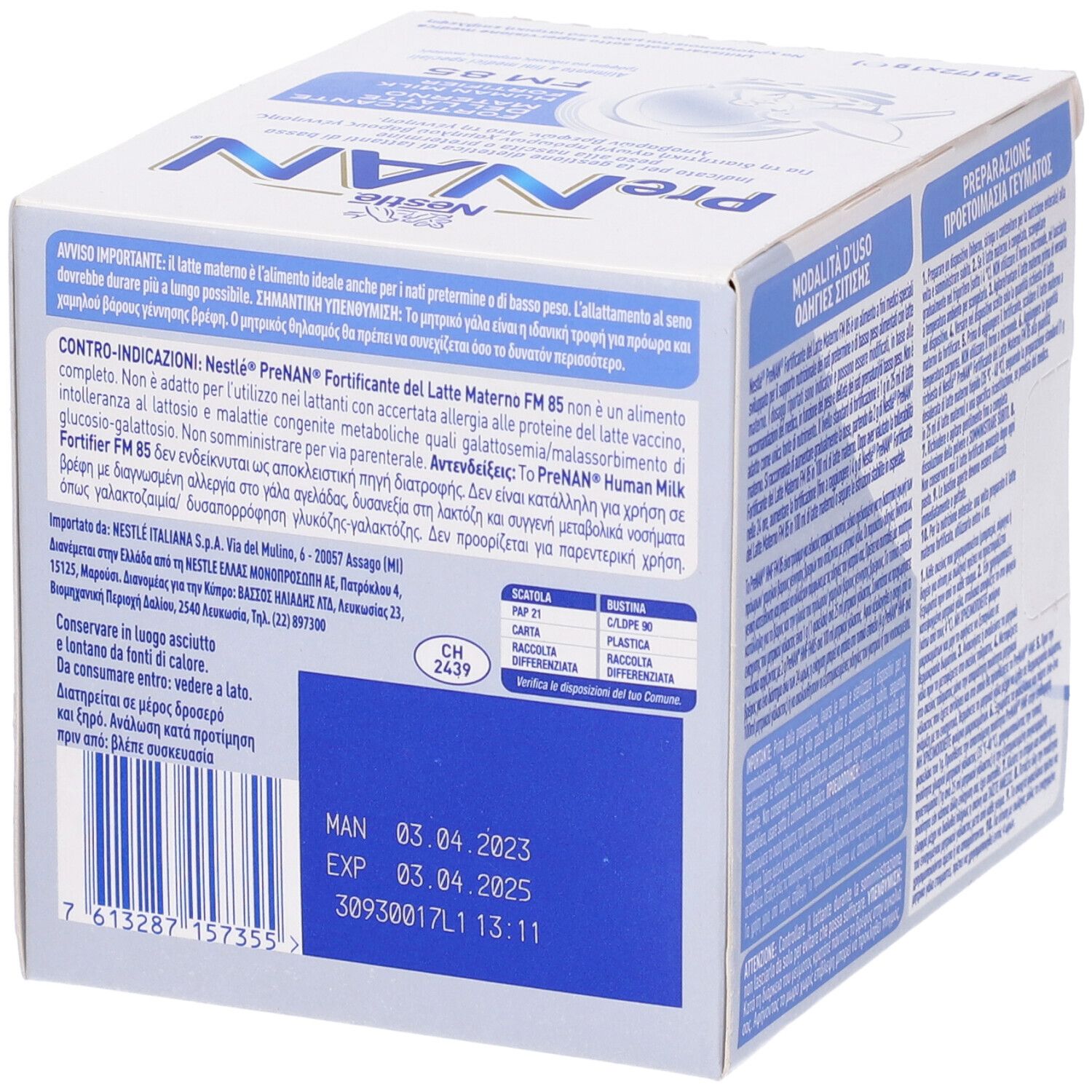 Retro della confezione PreNAN Human Milk Fortifier FM85. Testo multilingue. Data di scadenza.