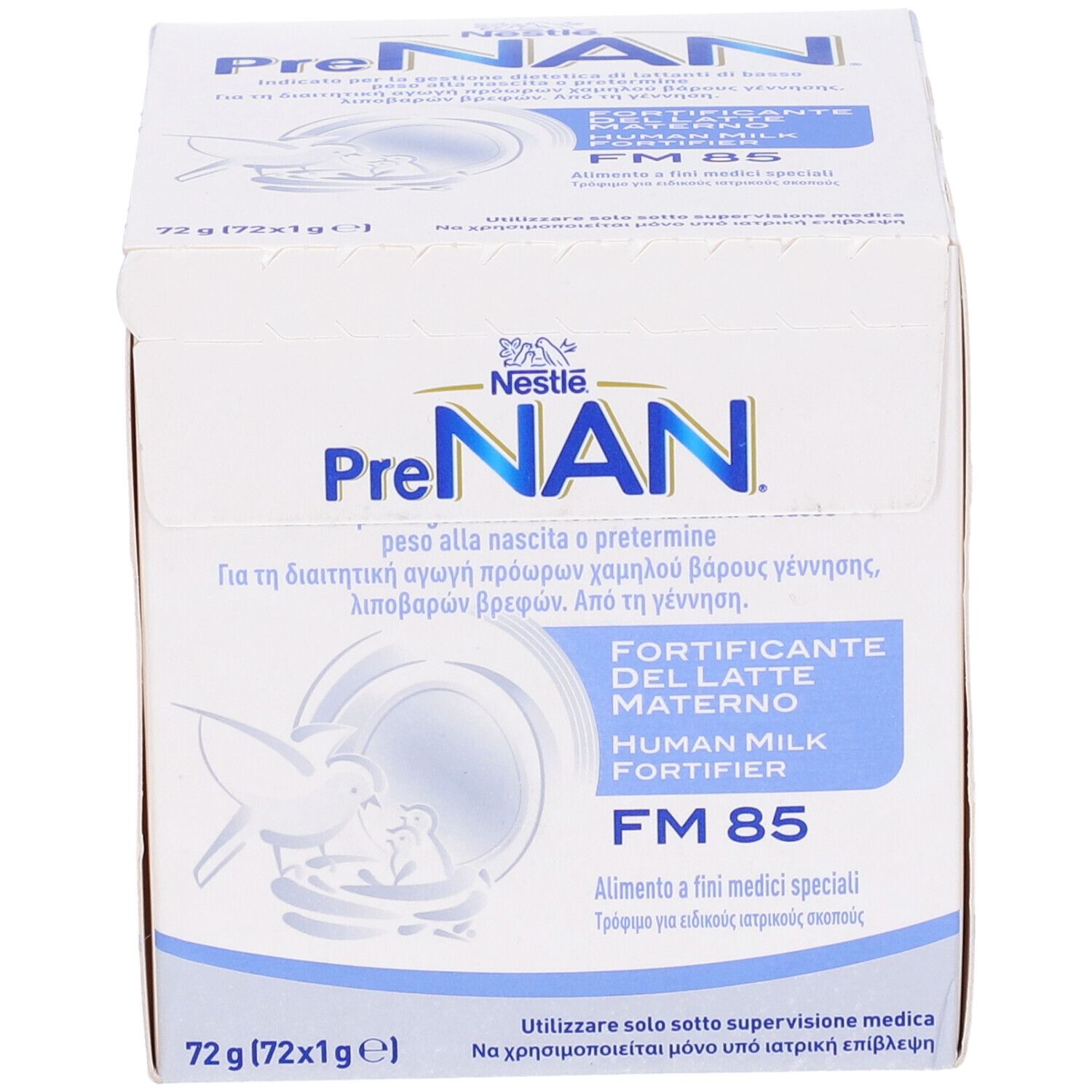 Scatola PreNAN Human Milk Fortifier FM85. Scatola bianca e blu. Scritta: FM 85, Human Milk Fortifier.
