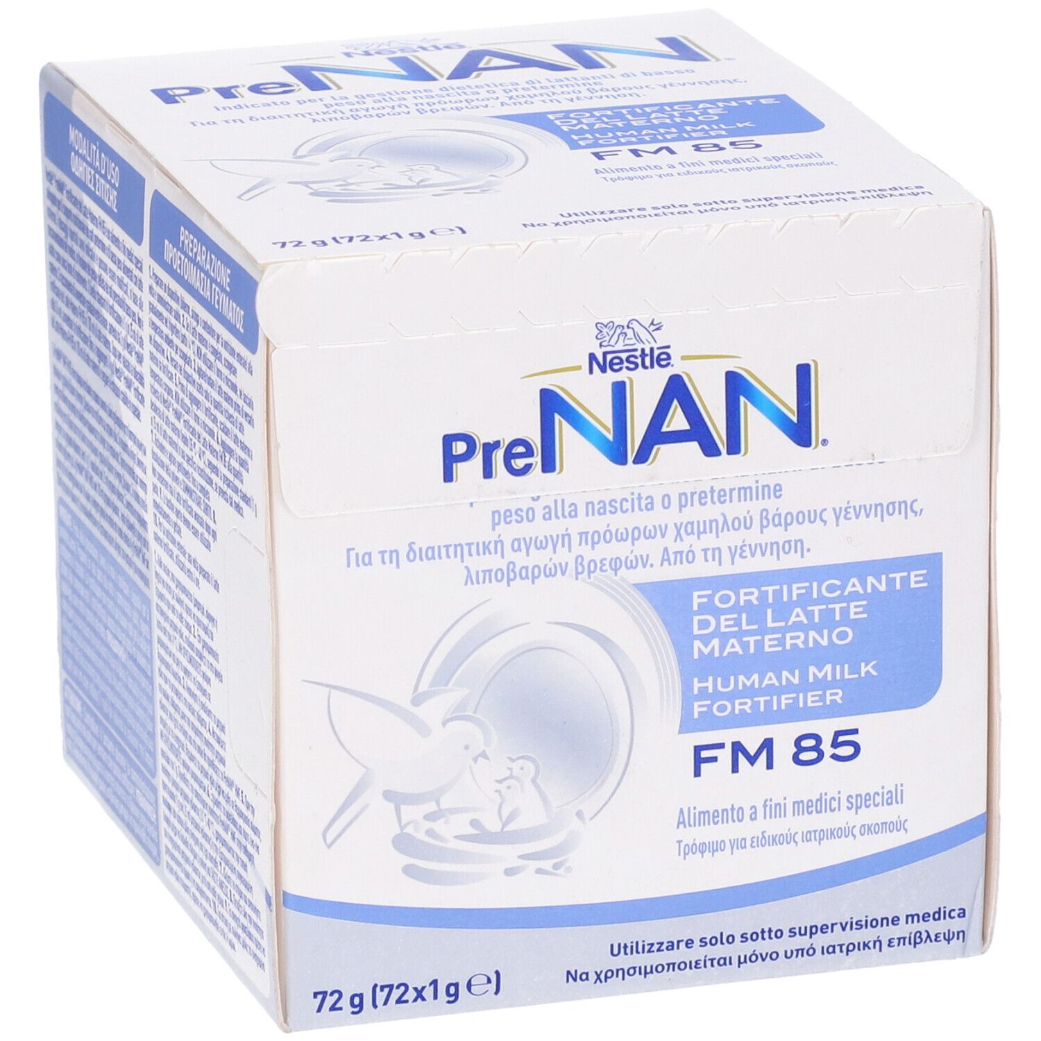 Scatola PreNAN Human Milk Fortifier FM85. Scatola bianca e blu. Scritta: FM 85, Human Milk Fortifier.