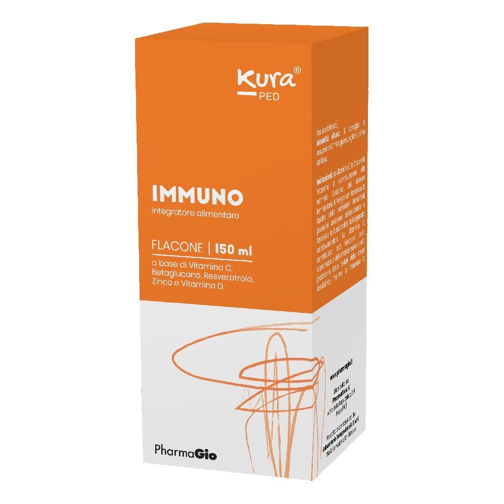 Kura Ped Immuno in confezione. Scatola arancione e bianca con informazioni sul prodotto. Marchio e nome del prodotto ben visibili.