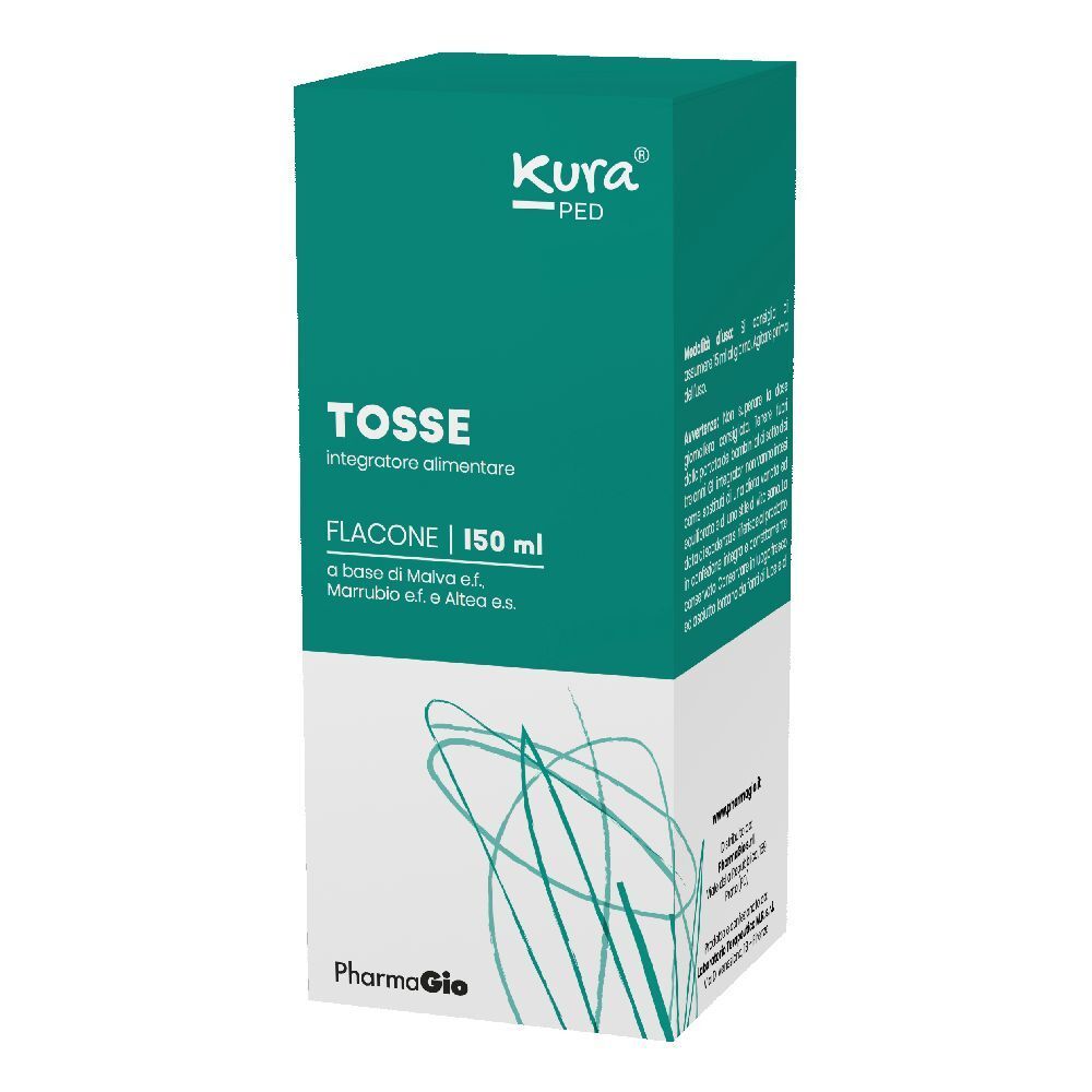 Scatola con informazioni sul prodotto. Scritta TOSSE, FLACONE, 150 ml. Marchio Kura-PED. Logo PharmaGio.