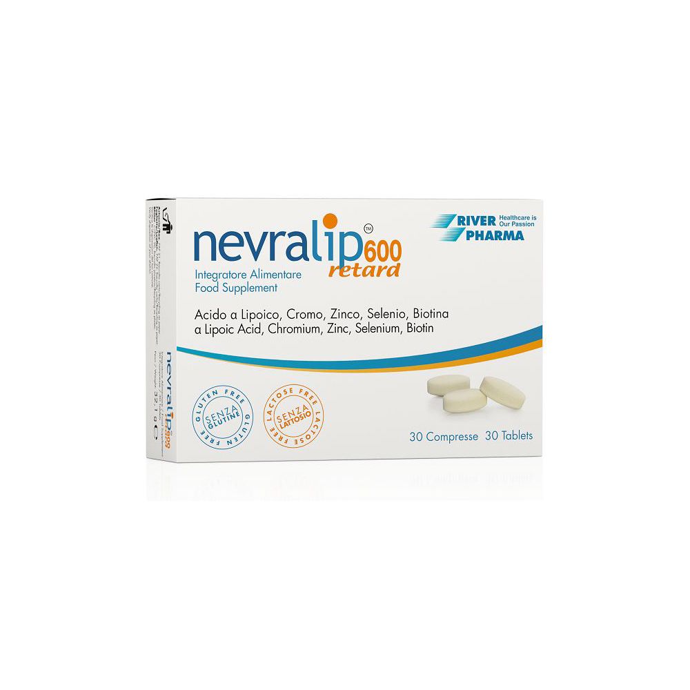 Scatola di Nevralip 600 retard, 30 compresse. Contiene acido alfa-lipoico, cromo, zinco, selenio, biotina. Senza glutine, senza lattosio.