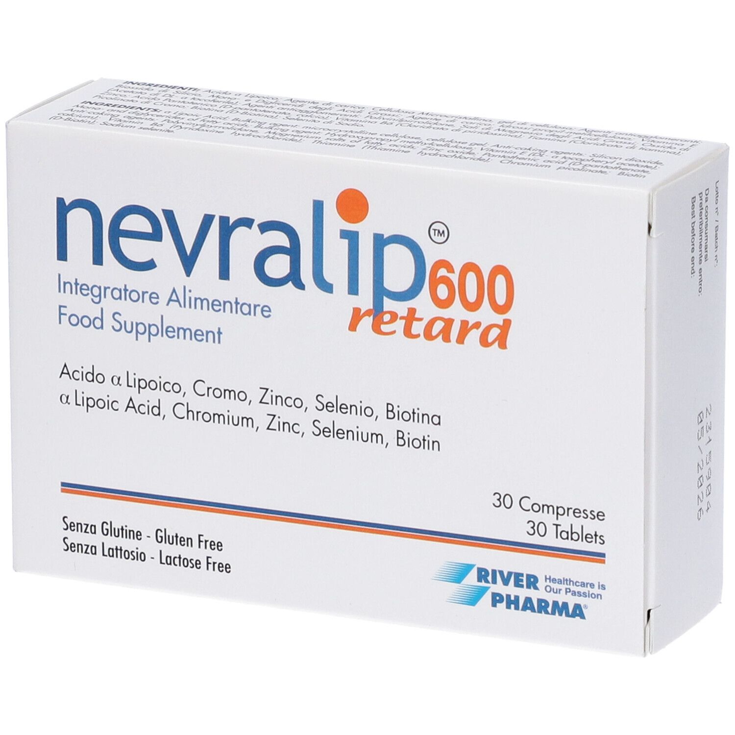 Scatola Nevralip 600 retard. 30 compresse. Scritto: Integratore Alimentare, Food Supplement. Senza glutine, senza lattosio. Marchio: River Pharma.