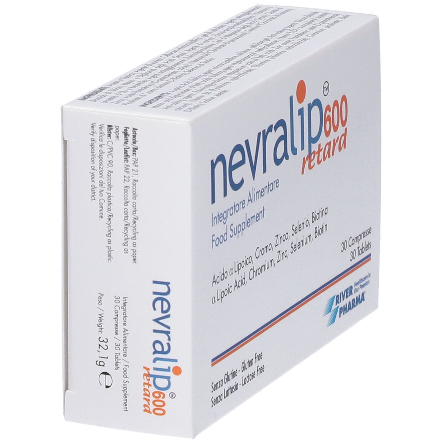 Scatola Nevralip 600 retard. 30 compresse. Scritto: Integratore Alimentare, Food Supplement. Marchio: River Pharma. Senza glutine, senza lattosio.