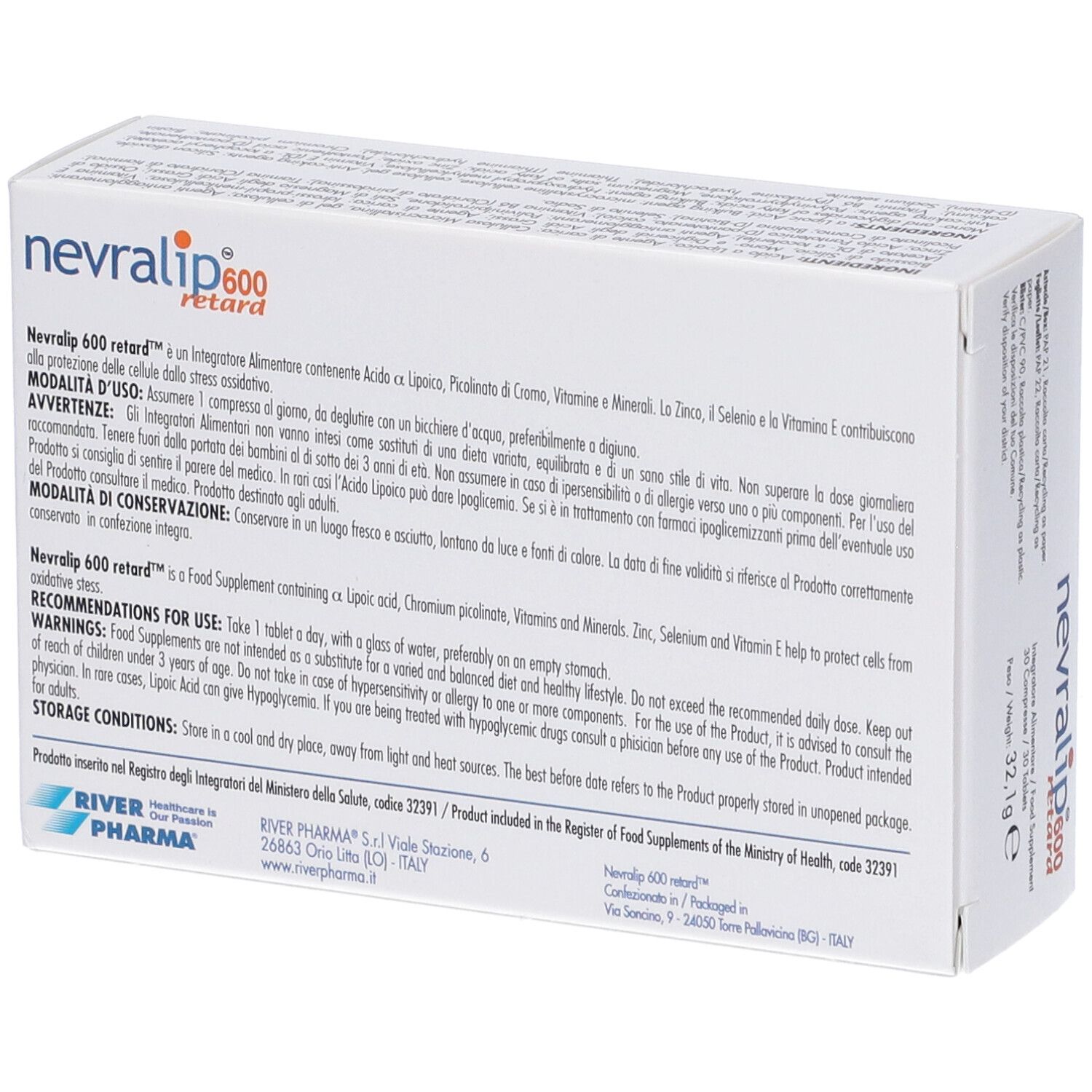 Scatola Nevralip 600 retard. 30 compresse. Scritto: Integratore Alimentare, Food Supplement. Marchio: River Pharma. Retro con testo.