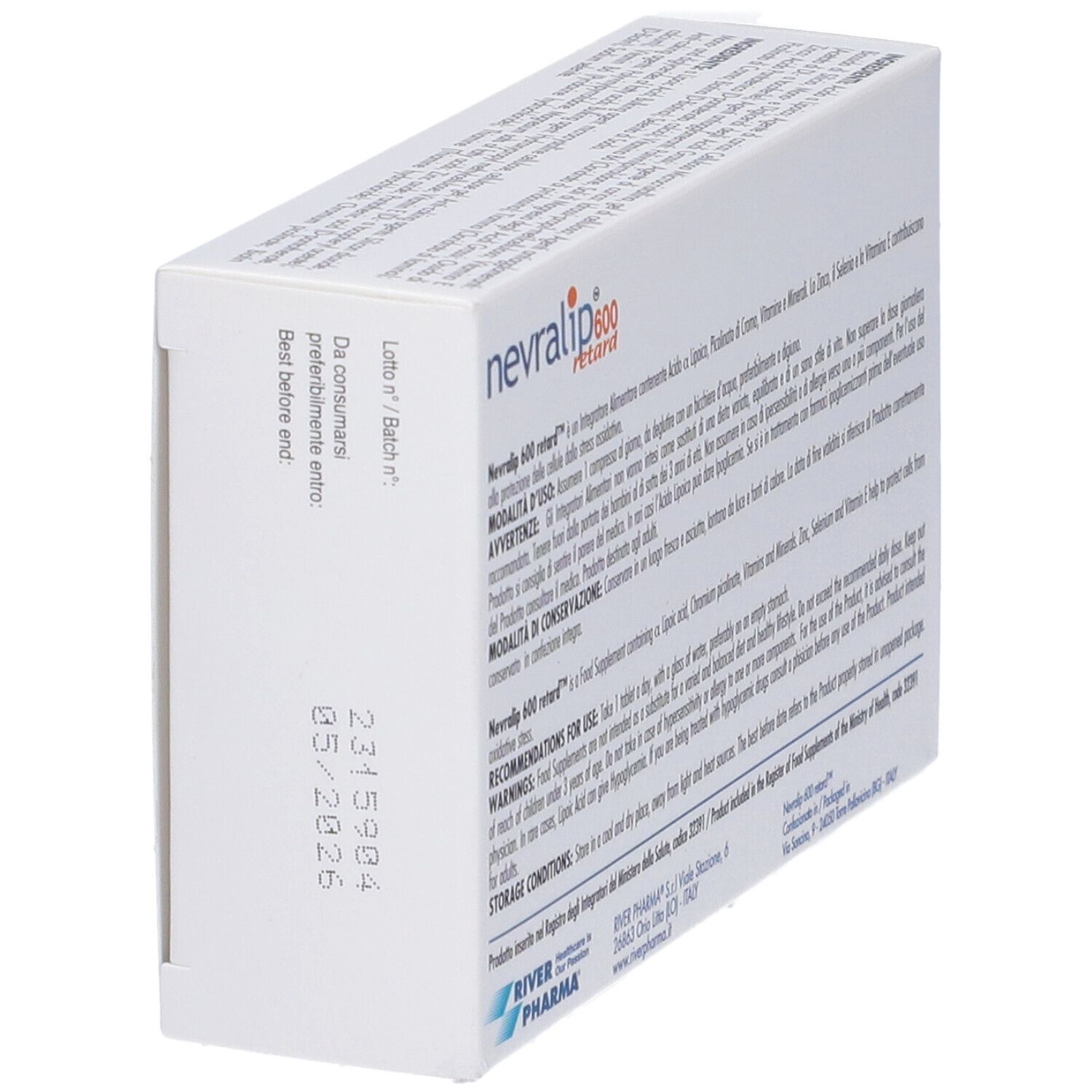 Scatola Nevralip 600 retard. 30 compresse. Scritto: Integratore Alimentare, Food Supplement. Marchio: River Pharma. Retro con testo.