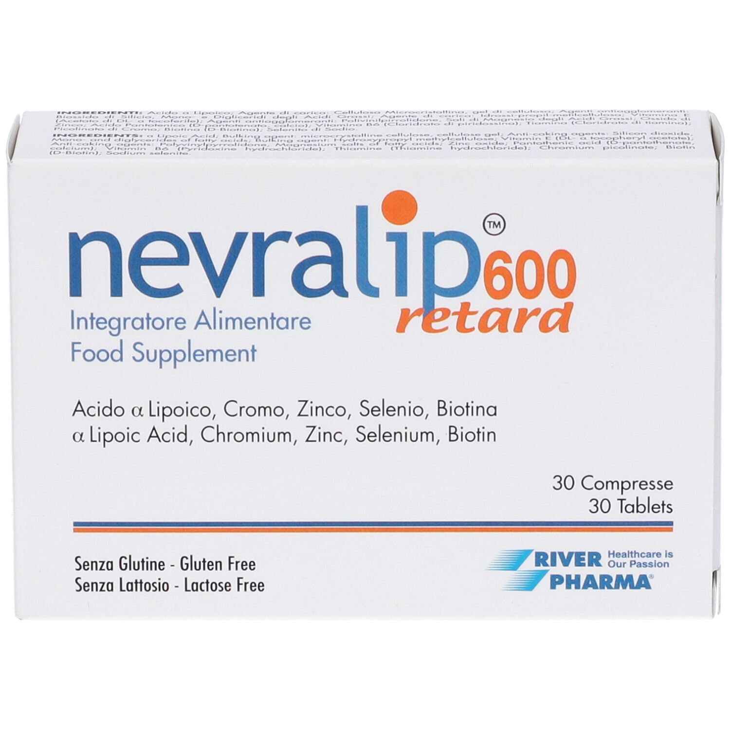 Scatola Nevralip 600 retard. 30 compresse. Scritto: Integratore Alimentare, Food Supplement. Marchio: River Pharma. Senza glutine, senza lattosio.