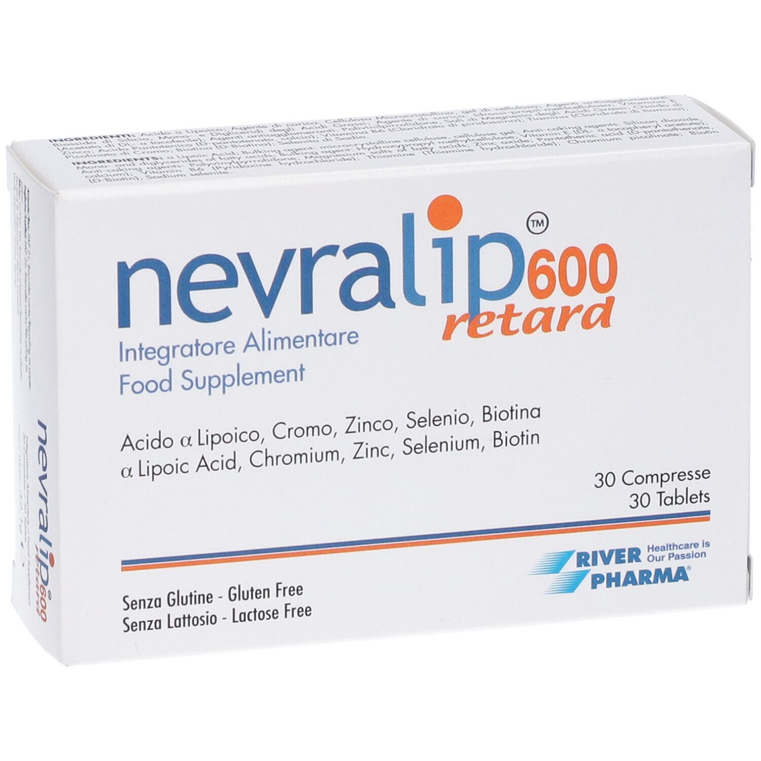 Scatola Nevralip 600 retard. 30 compresse. Scritto: Integratore Alimentare, Food Supplement. Marchio: River Pharma. Senza glutine, senza lattosio.