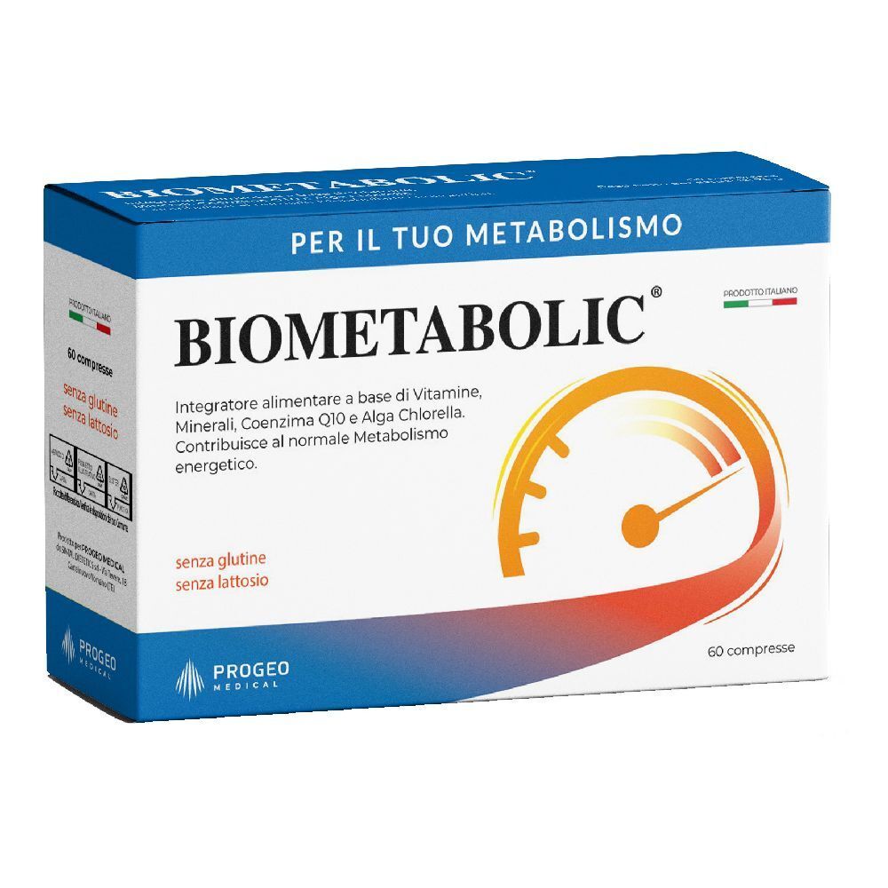 Scatola blu e bianca con logo "BIOMETABOLIC". Contiene 60 compresse. Scritto: "Per il tuo metabolismo". Senza glutine e lattosio.