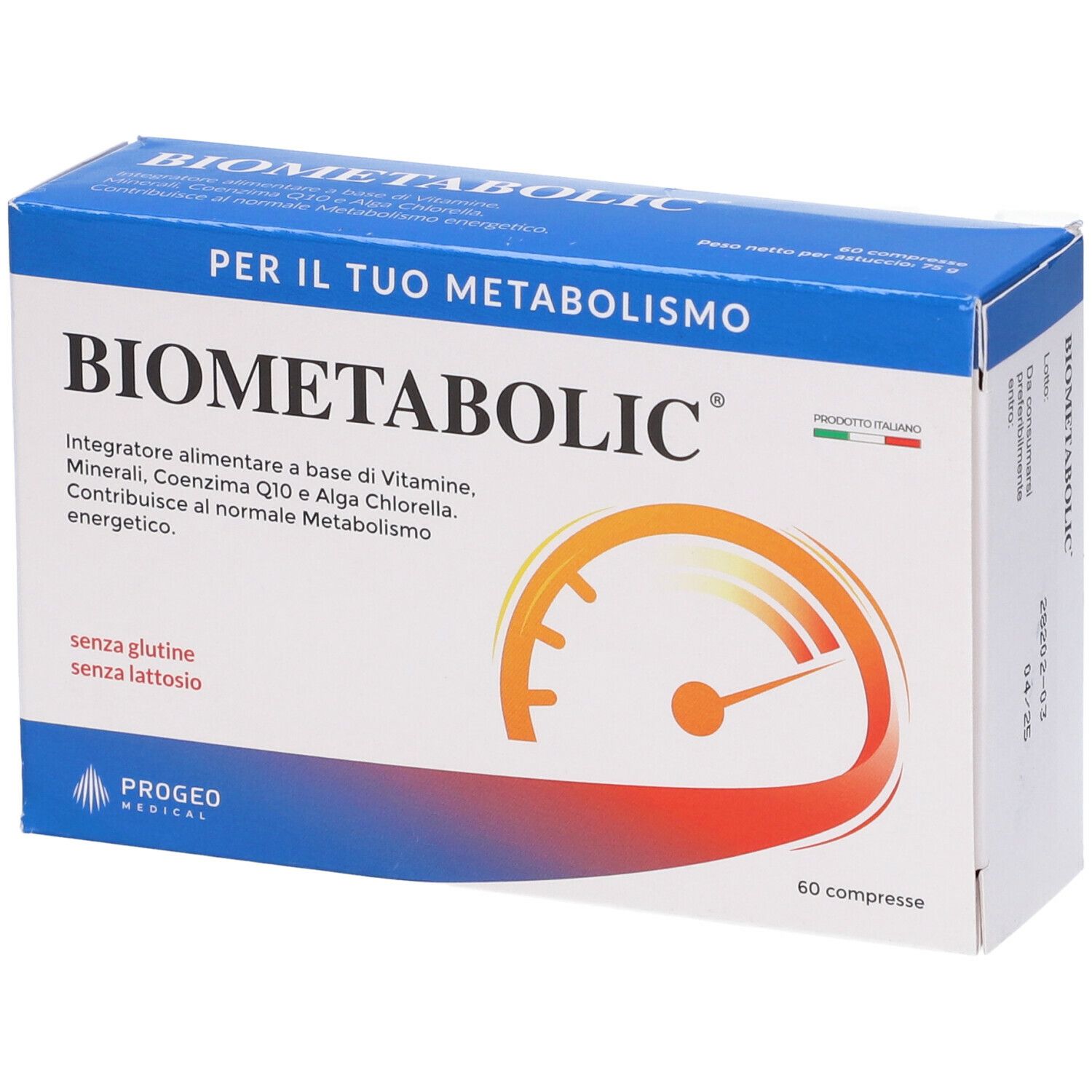 Scatola blu e bianca con logo "BIOMETABOLIC". Contiene 60 compresse. Scritto: "Per il tuo metabolismo". Senza glutine e lattosio.