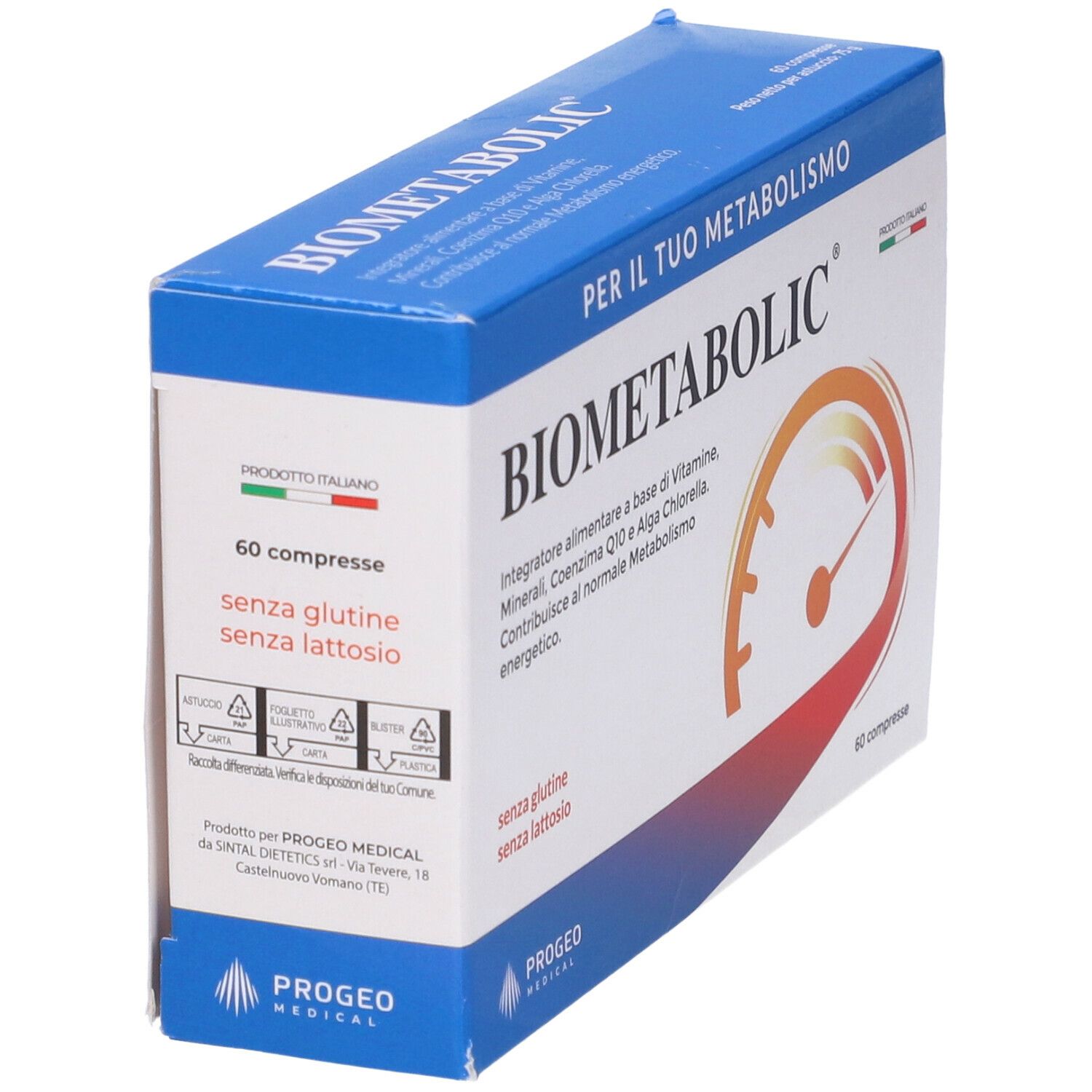 Scatola "BIOMETABOLIC" in prospettiva. Contiene 60 compresse. Scritto: "Per il tuo metabolismo". Senza glutine e lattosio. Logo Progeo Medical.
