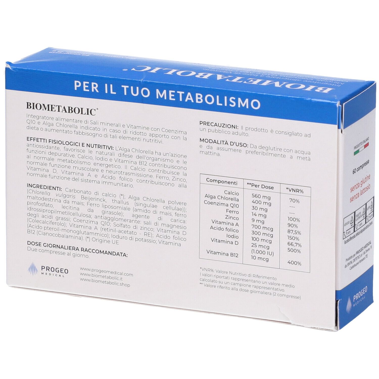 Retro della scatola "BIOMETABOLIC". Contiene ingredienti e istruzioni. Scritto: "Per il tuo metabolismo". Logo Progeo Medical.