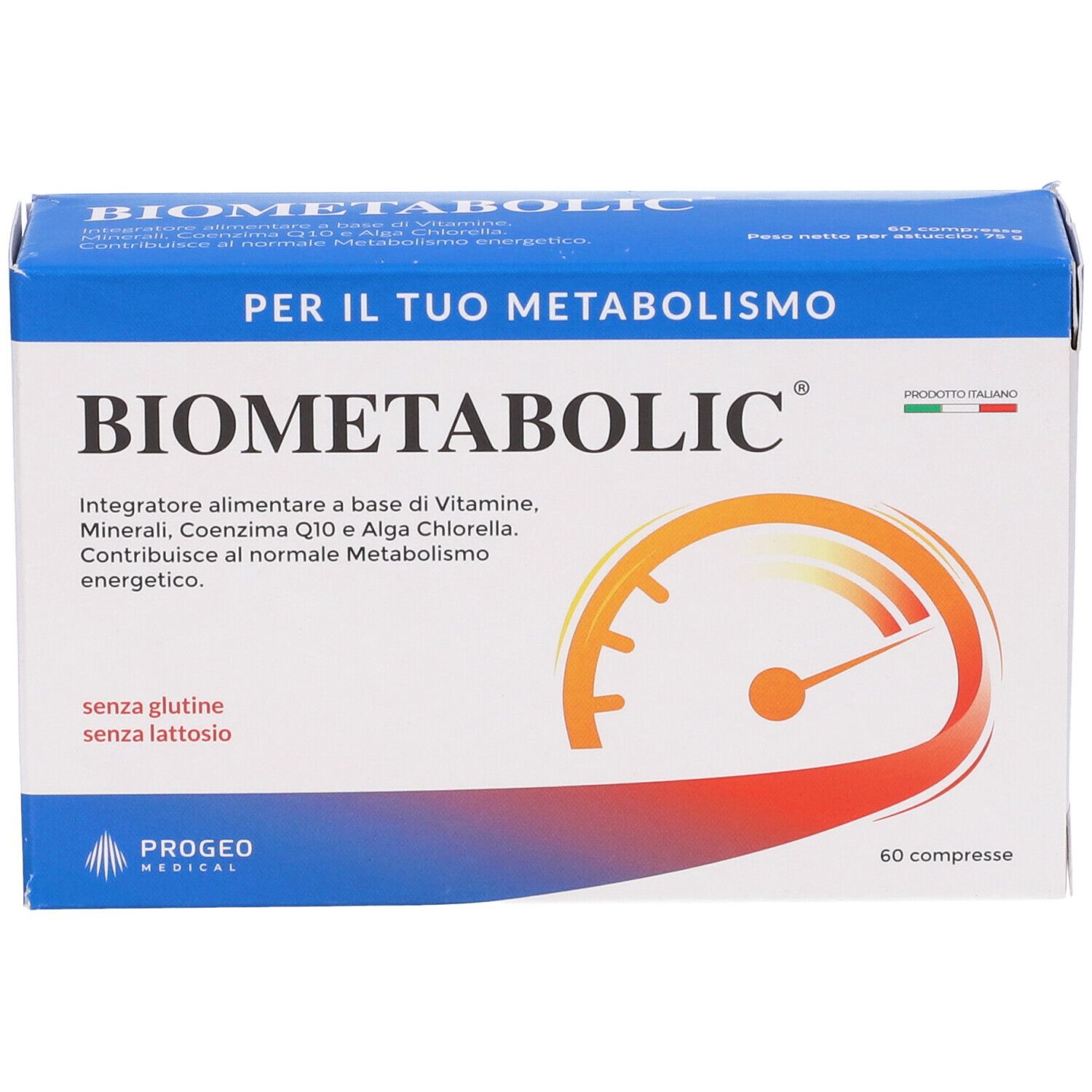 Scatola blu e bianca con logo "BIOMETABOLIC". Contiene 60 compresse. Scritto: "Per il tuo metabolismo". Senza glutine e lattosio.