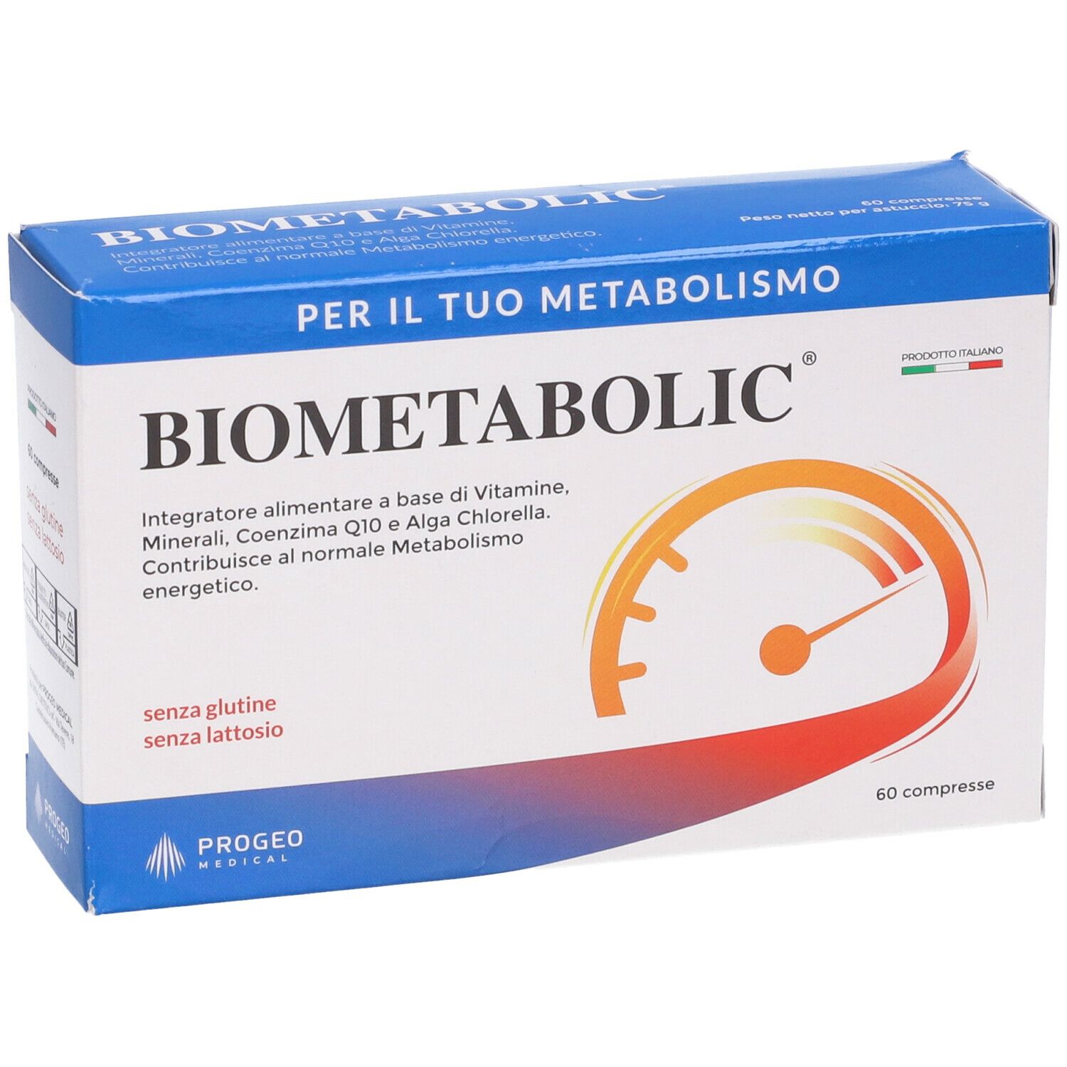 Scatola blu e bianca con logo "BIOMETABOLIC". Contiene 60 compresse. Scritto: "Per il tuo metabolismo". Senza glutine e lattosio.