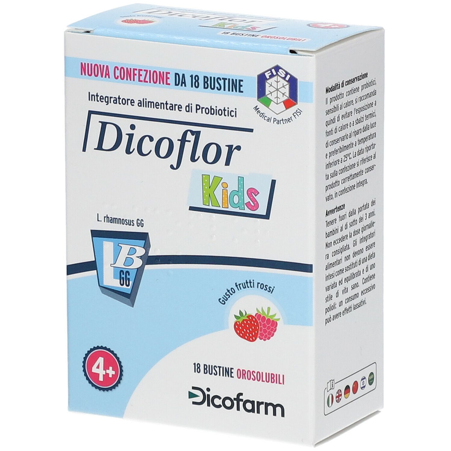 Scatola Dicoflor Kids. Scritto: 18 bustine, gusto frutti rossi. Logo: 4+. Certificazione medica.