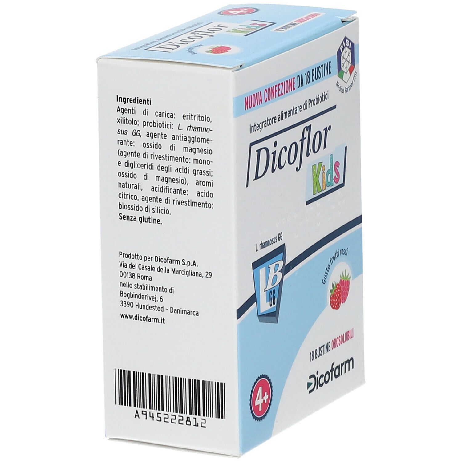 Vista laterale della scatola Dicoflor Kids. Elenco ingredienti, indirizzo produttore. Scritto: 18 bustine. Logo: 4+.
