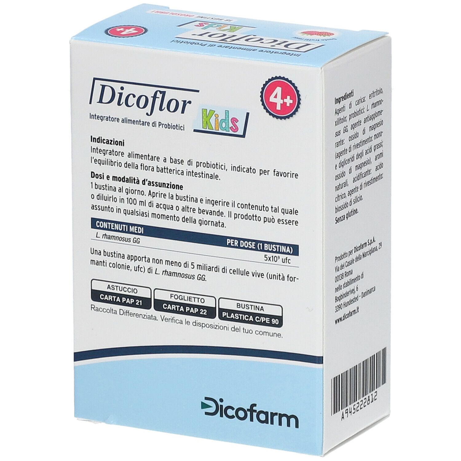Retro della scatola Dicoflor Kids. Istruzioni per il dosaggio, ingredienti. Scritto: 4+. Logo Dicofarm.