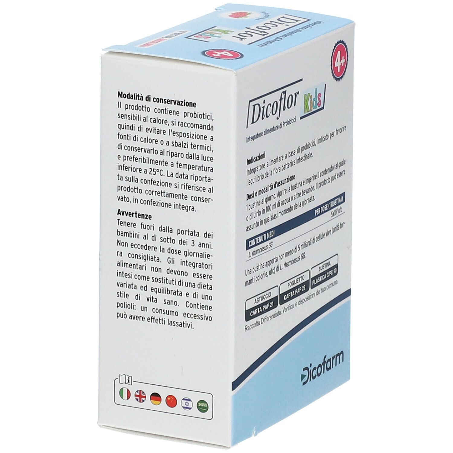 Lato della scatola Dicoflor Kids. Scritto: 4+. Consigli per la conservazione. Logo Dicofarm.