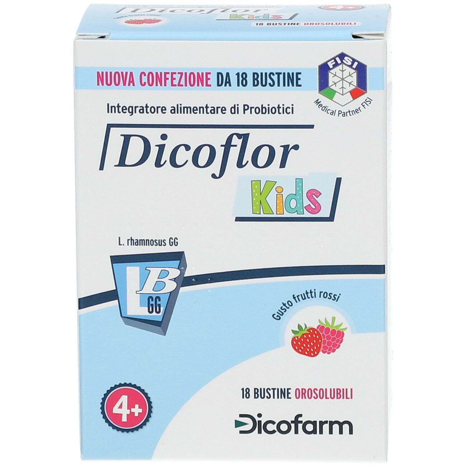 Scatola Dicoflor Kids. Scritto: 18 bustine, gusto frutti rossi. Logo: 4+. Certificazione medica.