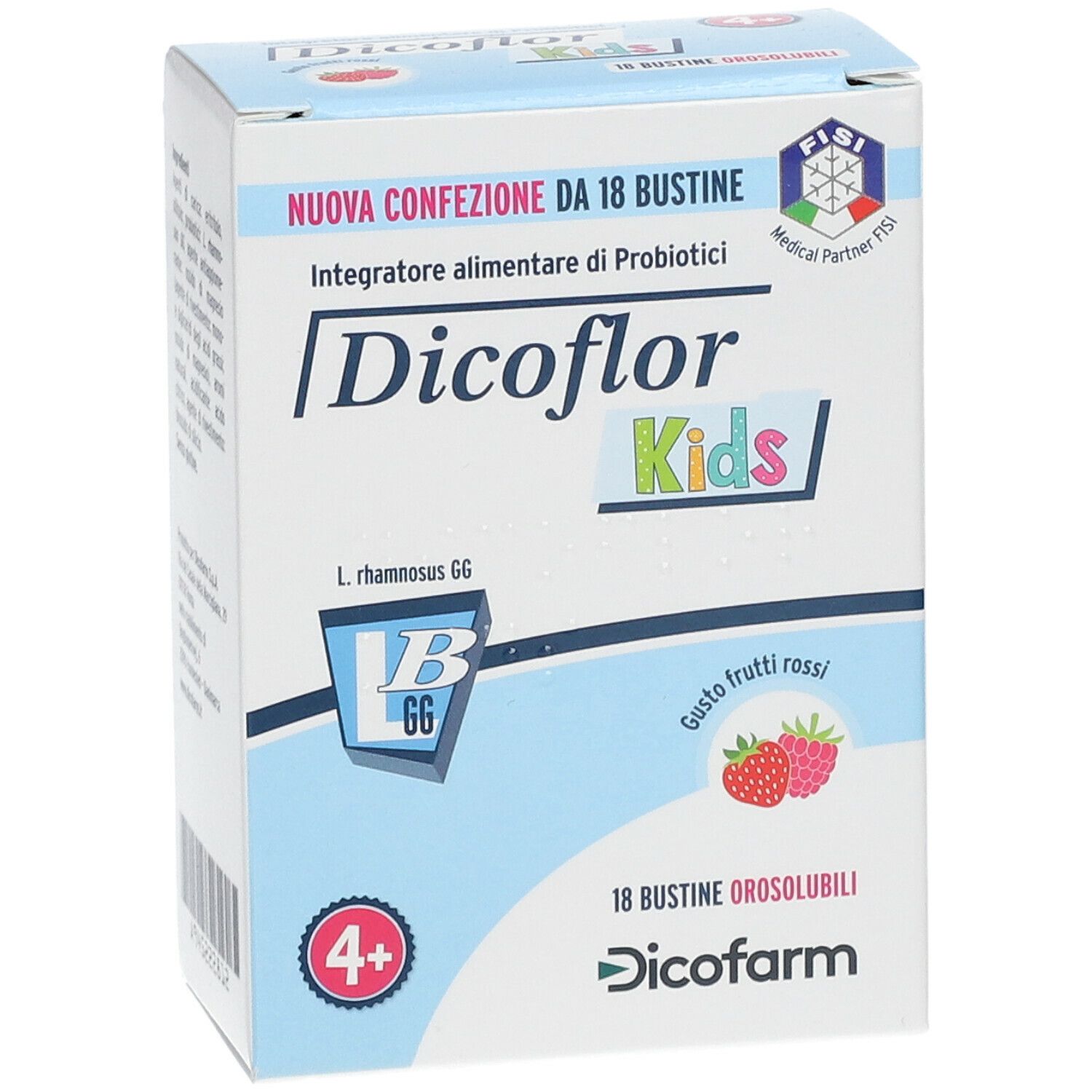 Scatola Dicoflor Kids. Scritto: 18 bustine, gusto frutti rossi. Logo: 4+. Certificazione medica.
