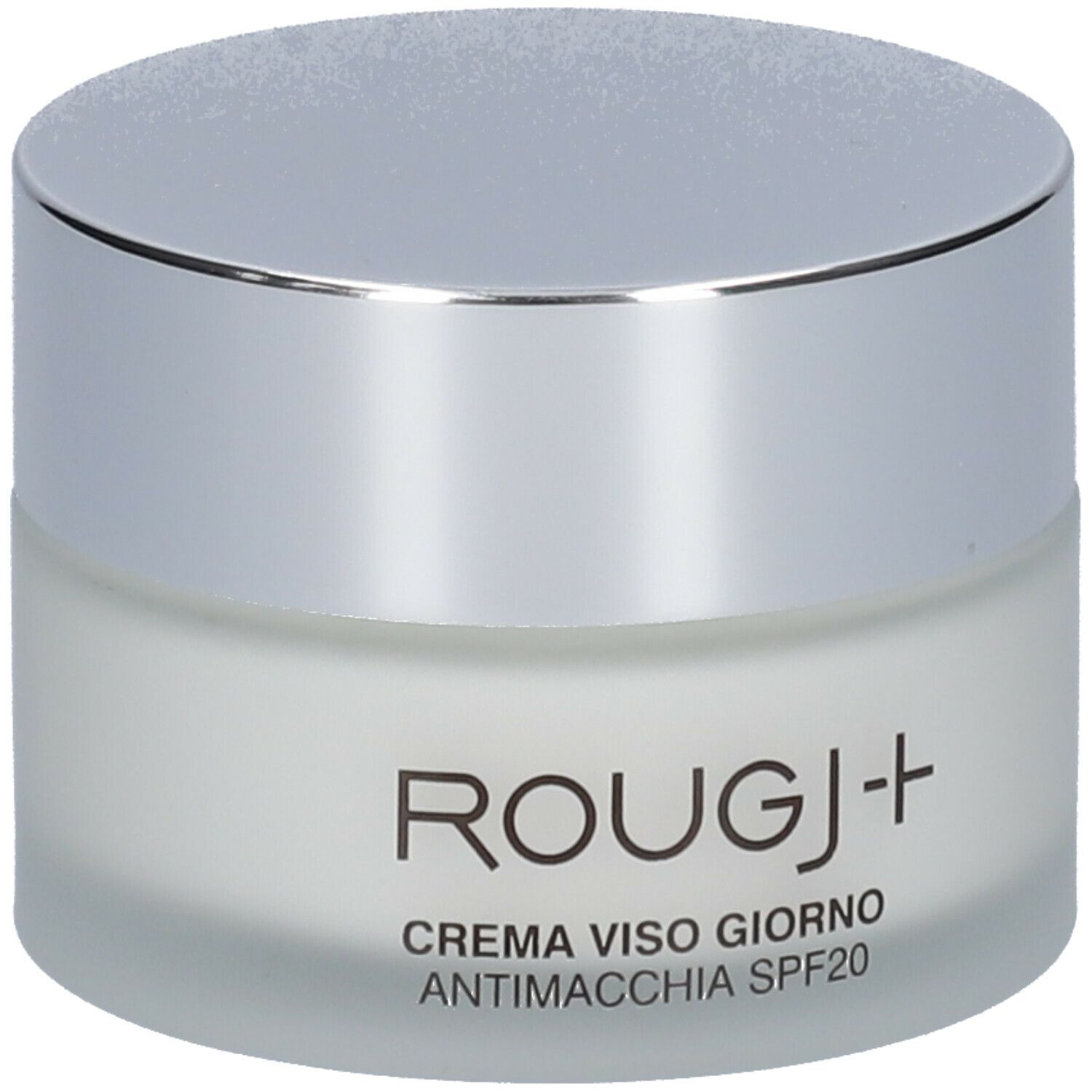 Vaso di crema con coperchio argentato. Sul vaso è scritto "ROUGJ+" e "CREMA VISO GIORNO ANTIMACCHIA SPF20".