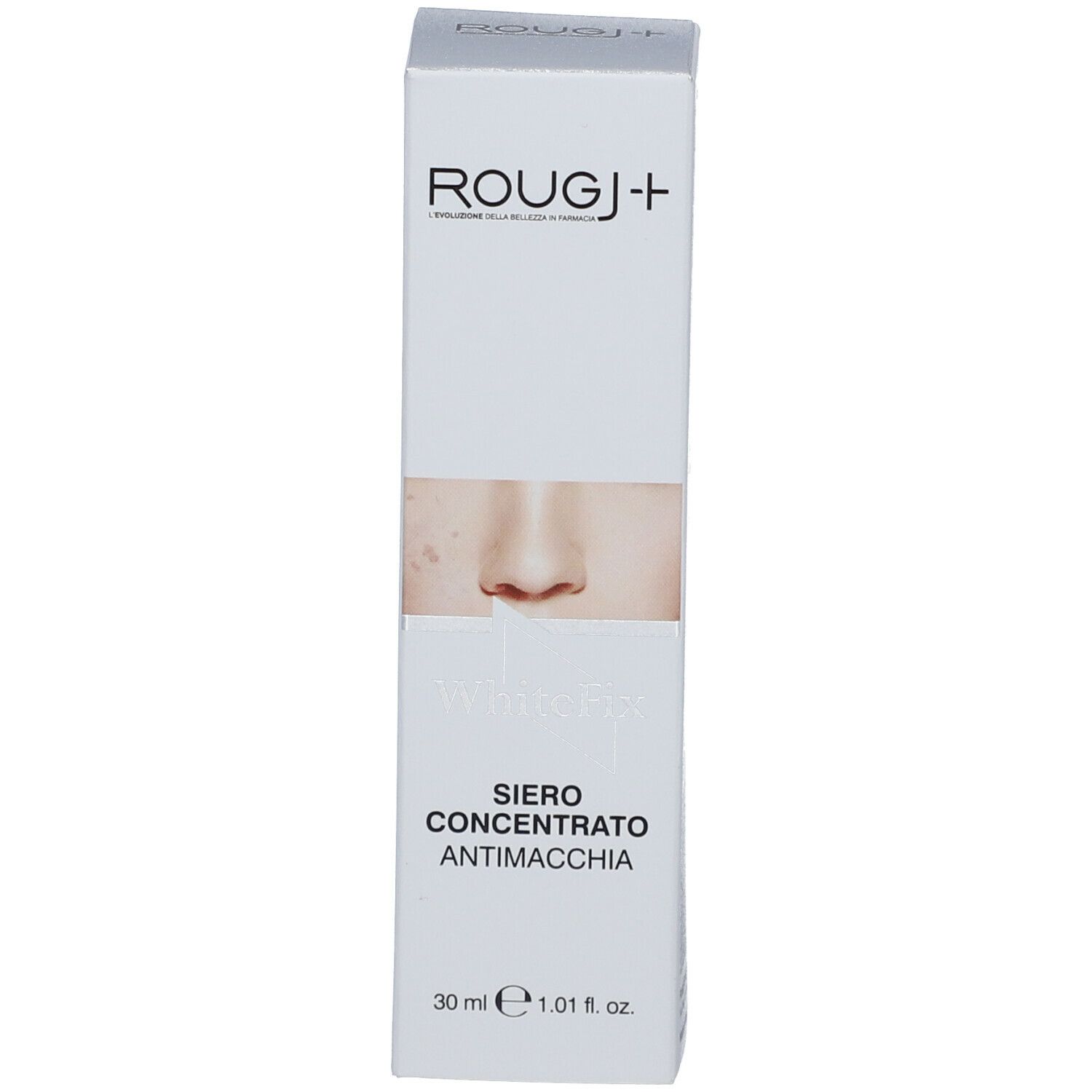 Confezione bianca con immagine del prodotto e scritta: ROUGJ+, WhiteFix, Siero Concentrato Antimacchia.