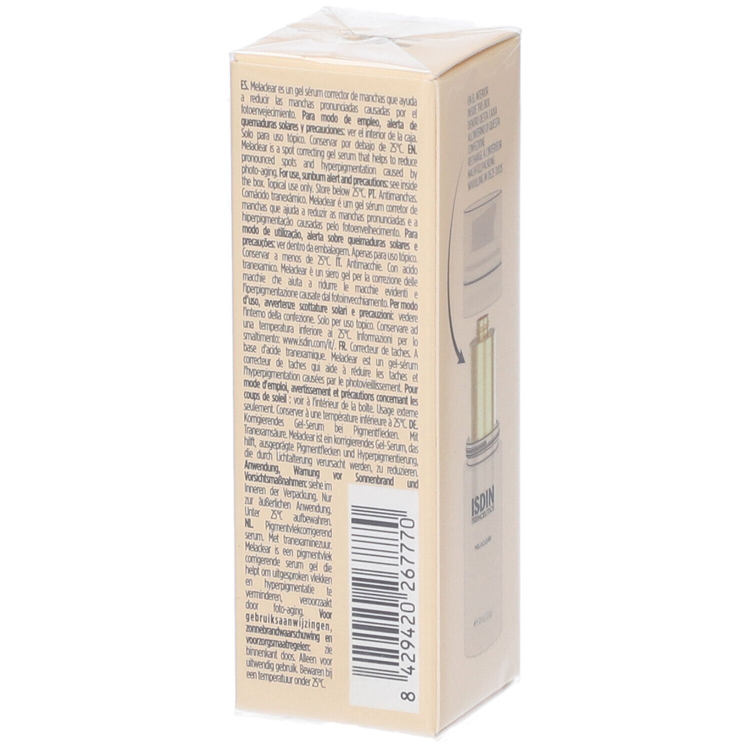 Rückseite der Kartonverpackung mit Text. Enthält Informationen zur Anwendung und Inhaltsstoffe in verschiedenen Sprachen.