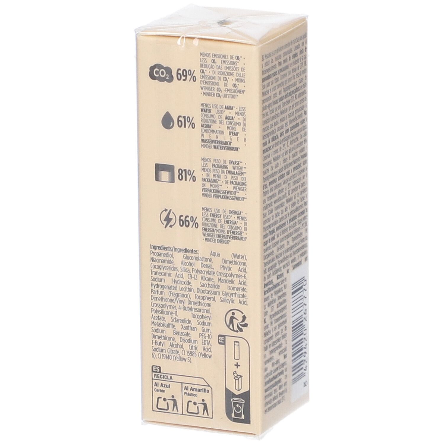 Kartonverpackung mit Informationen zu CO2-Emissionen und Inhaltsstoffen. Enthält auch Recycling-Symbole.