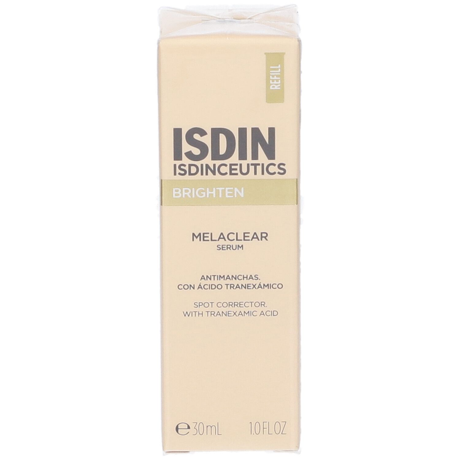Kartonverpackung mit ISDIN-Logo und Produktnamen. Enthält Informationen zu Melaclear Serum und Inhaltsstoffen.