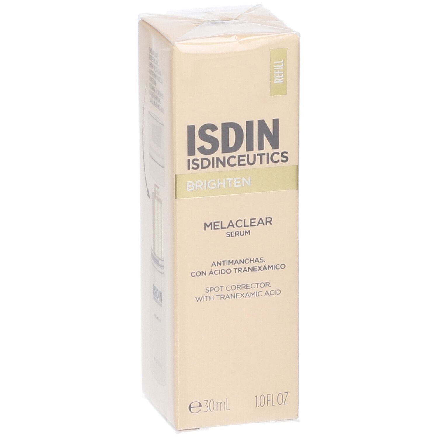 Kartonverpackung mit ISDIN-Logo und Produktinformationen. Enthält den Produktnamen Melaclear Serum.