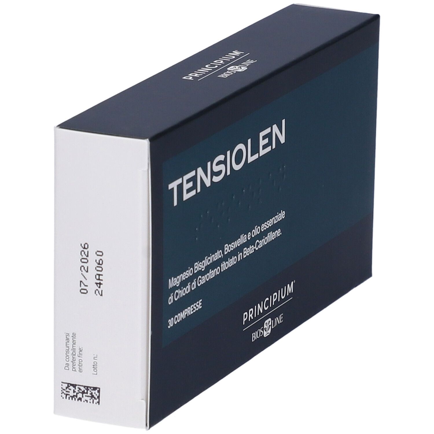 Dunkelblaue Schachtel mit weißer Schrift: TENSILEN. Enthält 30 Tabletten. Marke: Principium Bios Line. Seite mit Verfallsdatum.