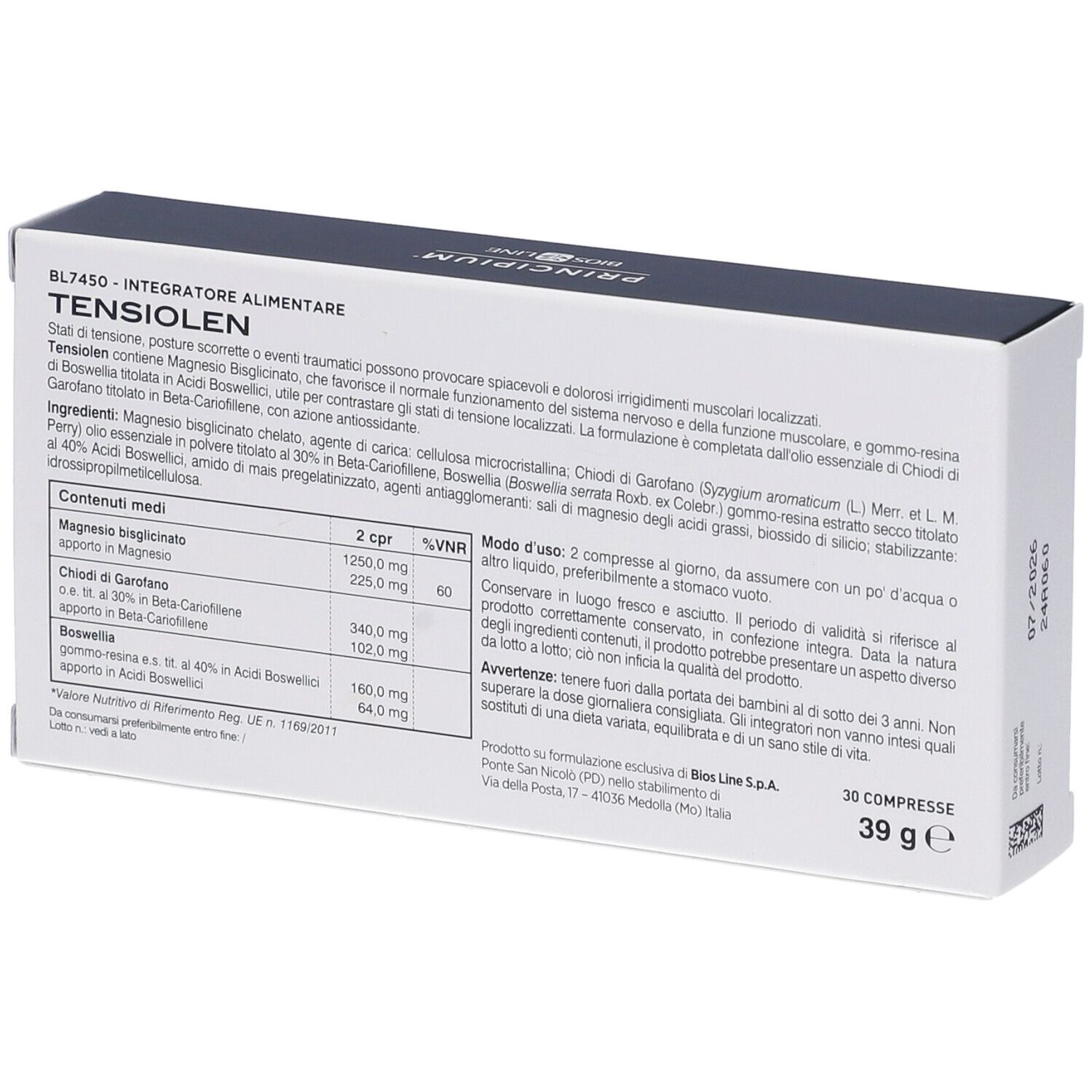 Weiße Schachtel mit Text. Enthält Informationen zu TENSILEN. Marke: Principium Bios Line. Enthält 30 Tabletten. Gewicht: 39 g.