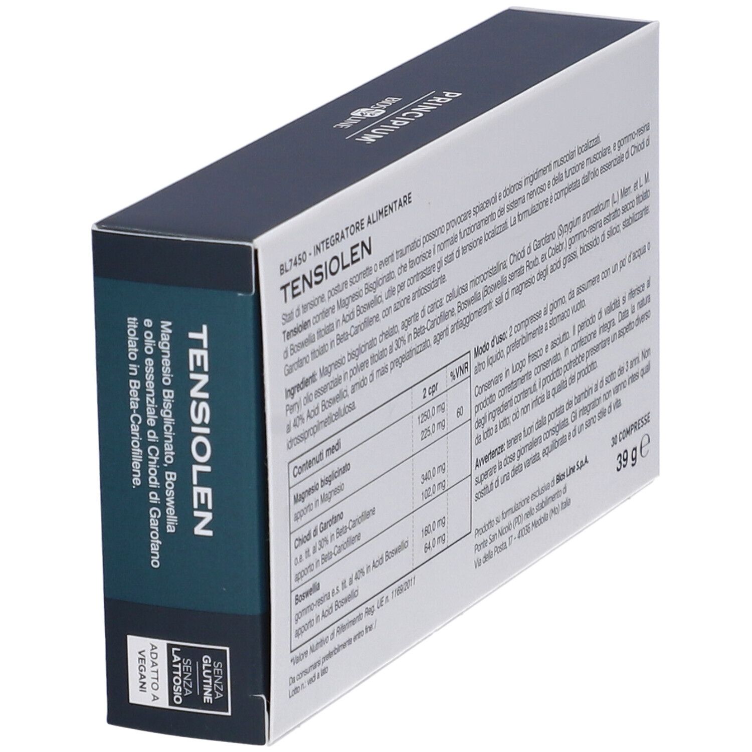 Weiße Schachtel mit Text. Enthält Informationen zu TENSILEN. Marke: Principium Bios Line. Enthält 30 Tabletten. Gewicht: 39 g.