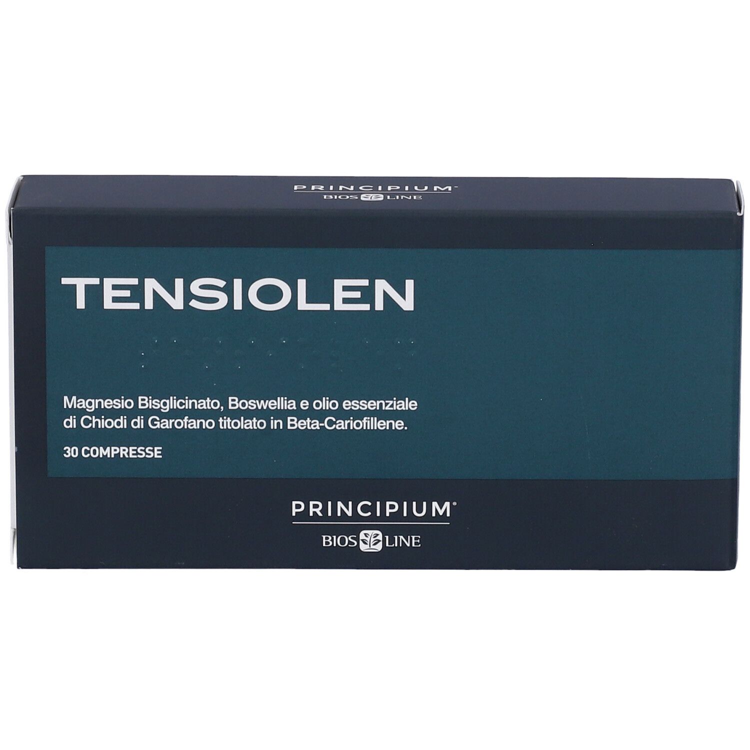 Dunkelblaue Schachtel mit weißer Schrift: TENSILEN. Enthält 30 Tabletten. Marke: Principium Bios Line.