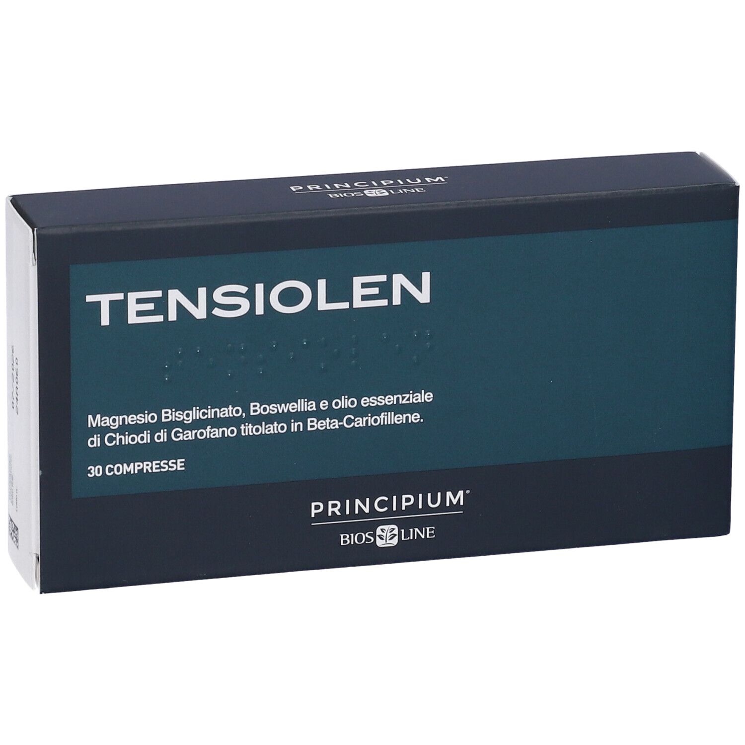 Dunkelblaue Schachtel mit weißer Schrift: TENSILEN. Enthält 30 Tabletten. Marke: Principium Bios Line.