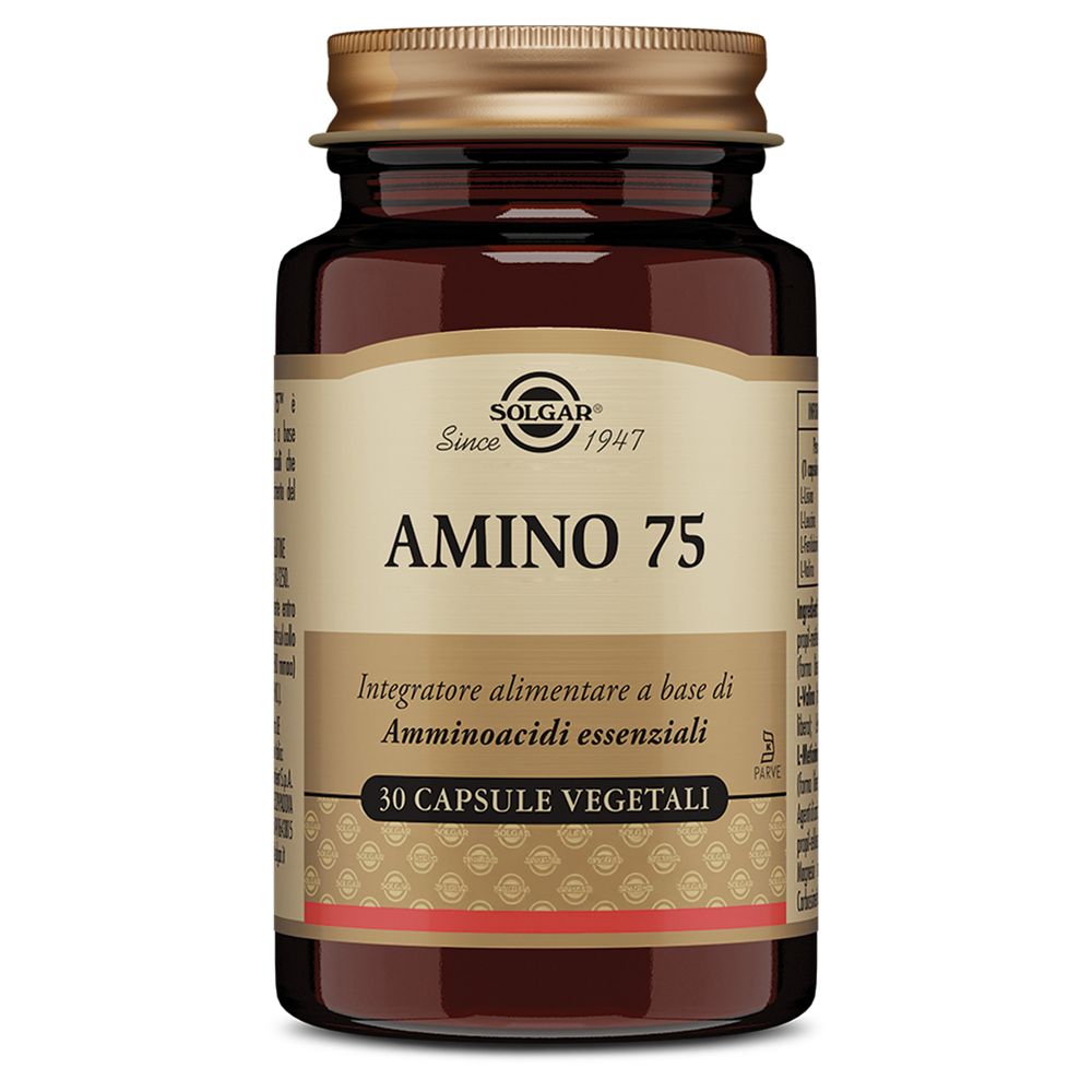 Flacone di vetro marrone con tappo dorato. L'etichetta riporta "Amino 75" e "Solgar".