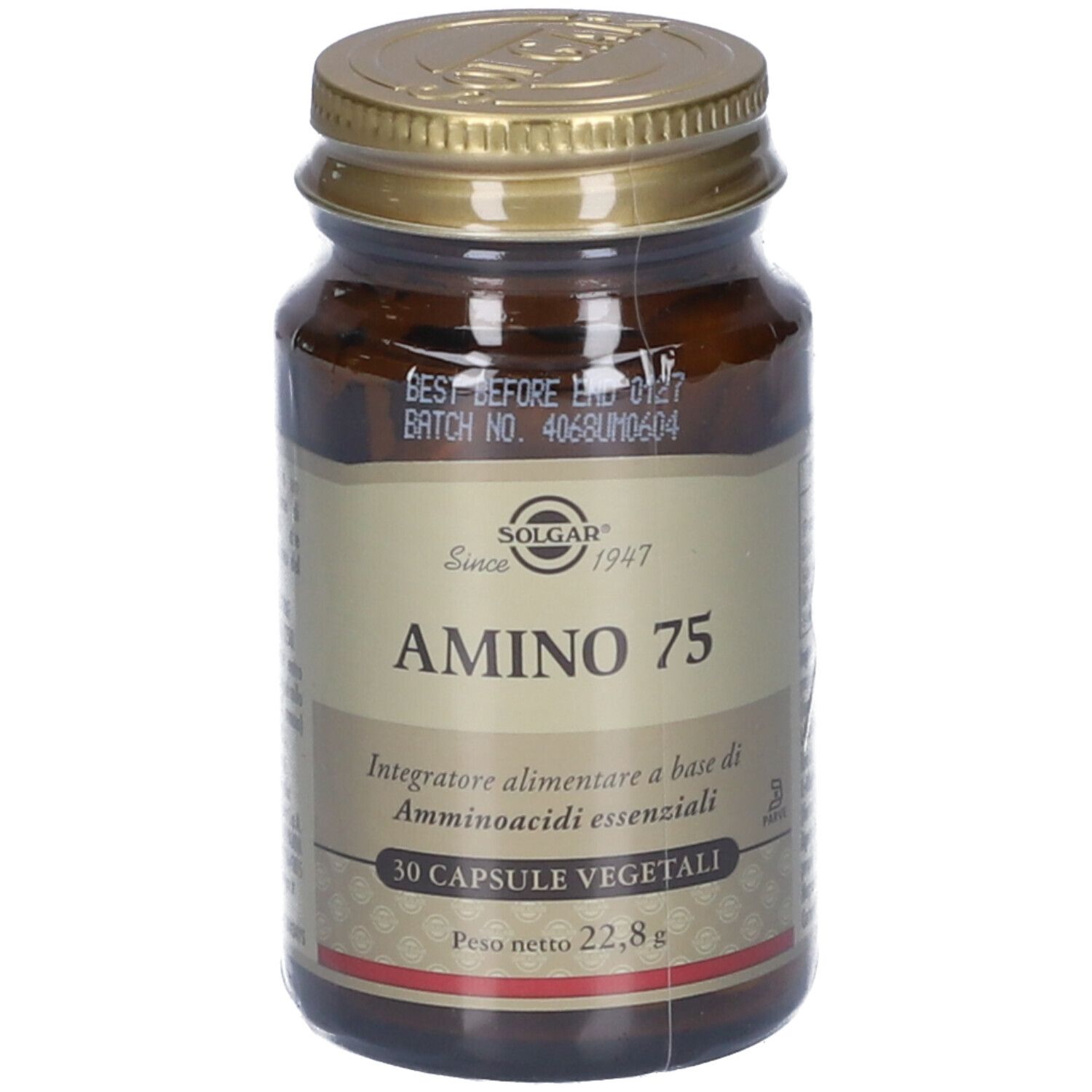 Flacone di vetro marrone con tappo dorato. L'etichetta riporta "Amino 75" e "Solgar".