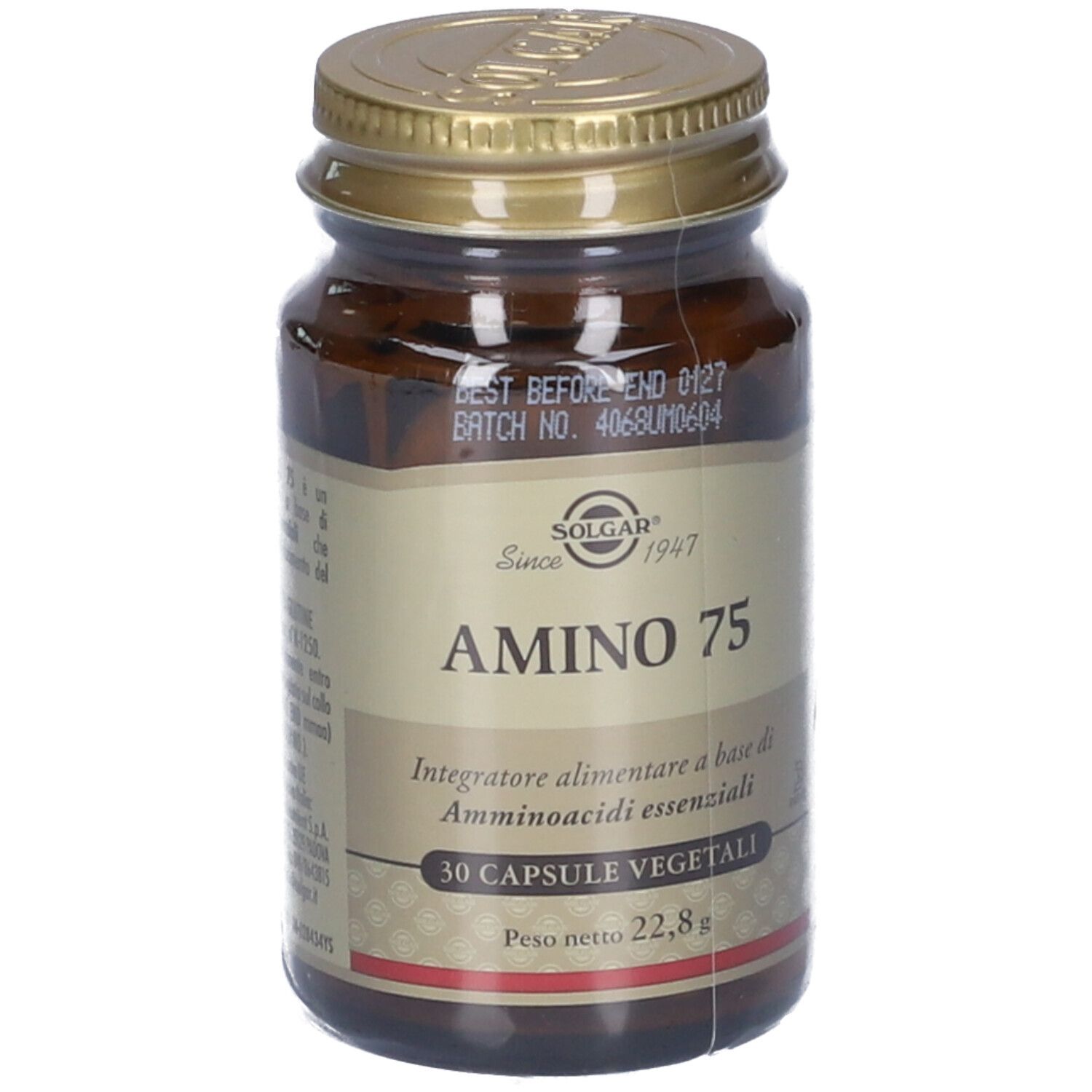 Flacone di vetro marrone con tappo dorato. L'etichetta riporta "Amino 75" e "Solgar".
