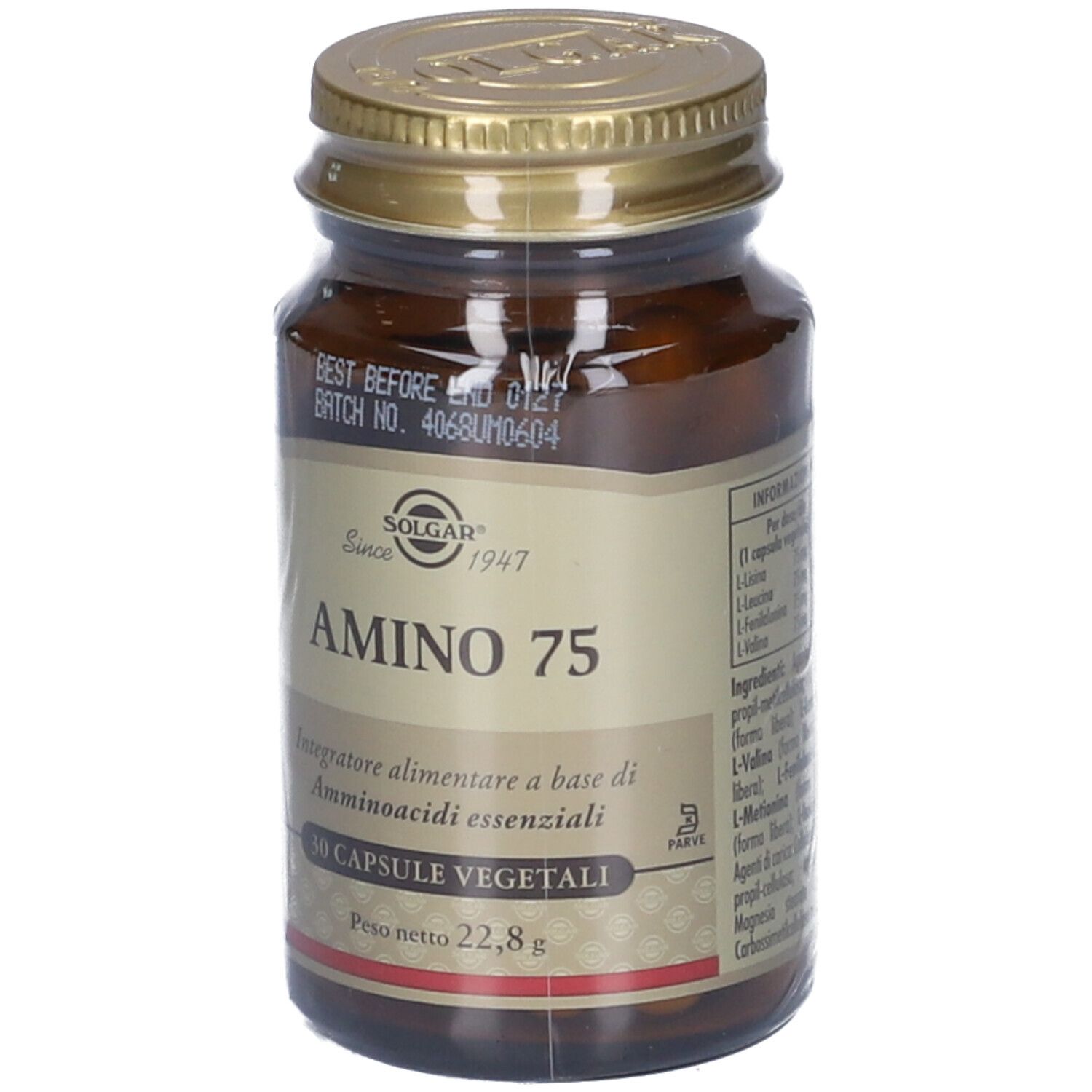 Flacone di vetro marrone con tappo dorato. L'etichetta riporta "Amino 75" e "Solgar".