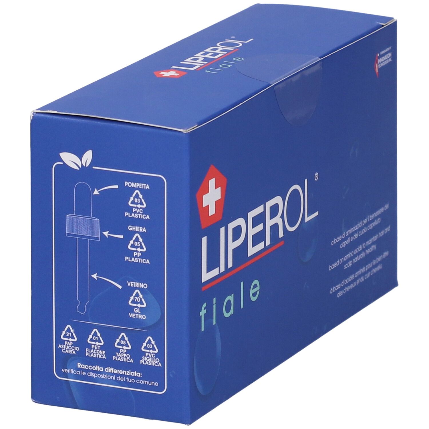 Blaue Verpackung mit weißer und roter Schrift. Zeigt eine Pipette und Recycling-Symbole.