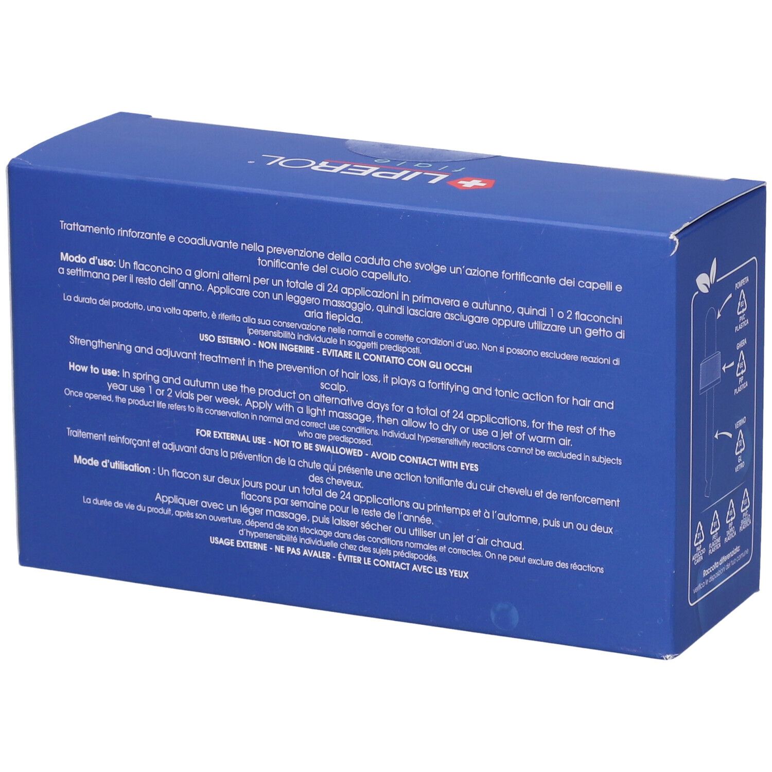 Blaue Verpackung mit Textinformationen und Anwendungshinweisen für Haarwuchsmittel.