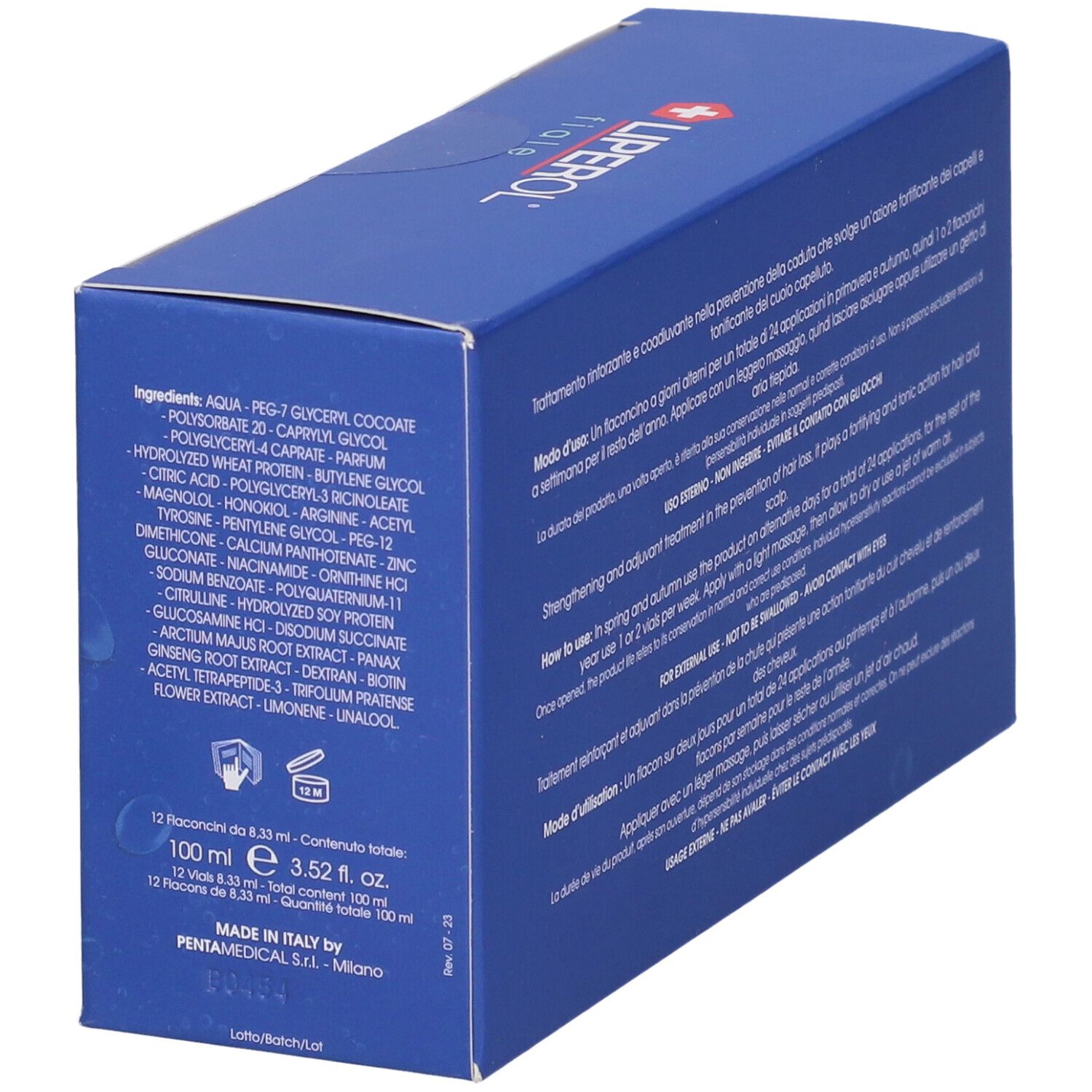 Blaue Verpackung mit weißen Texten, Inhaltsstoffen und Anwendungshinweisen. Enthält 100 ml.