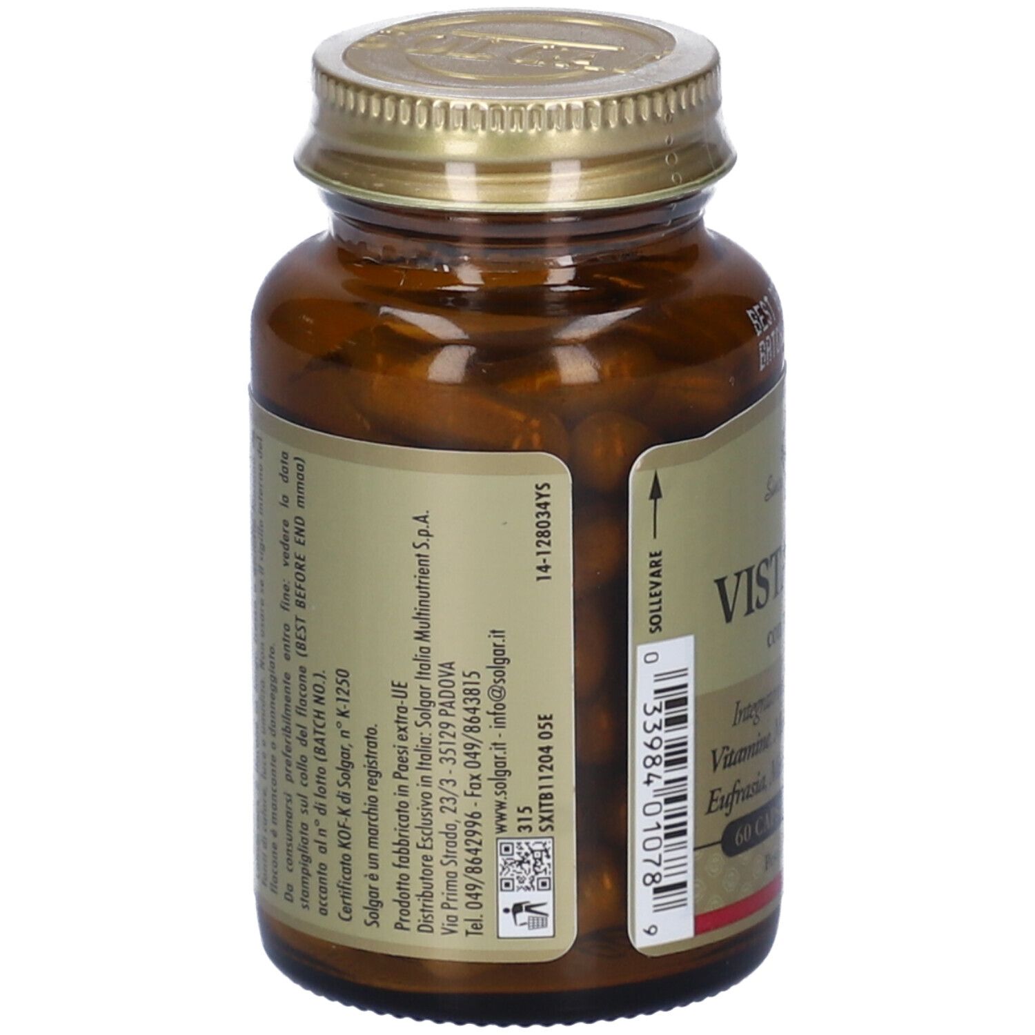 Flacone di vetro marrone con tappo dorato. Etichetta con nome prodotto Vistavital e marchio Solgar. 60 capsule.