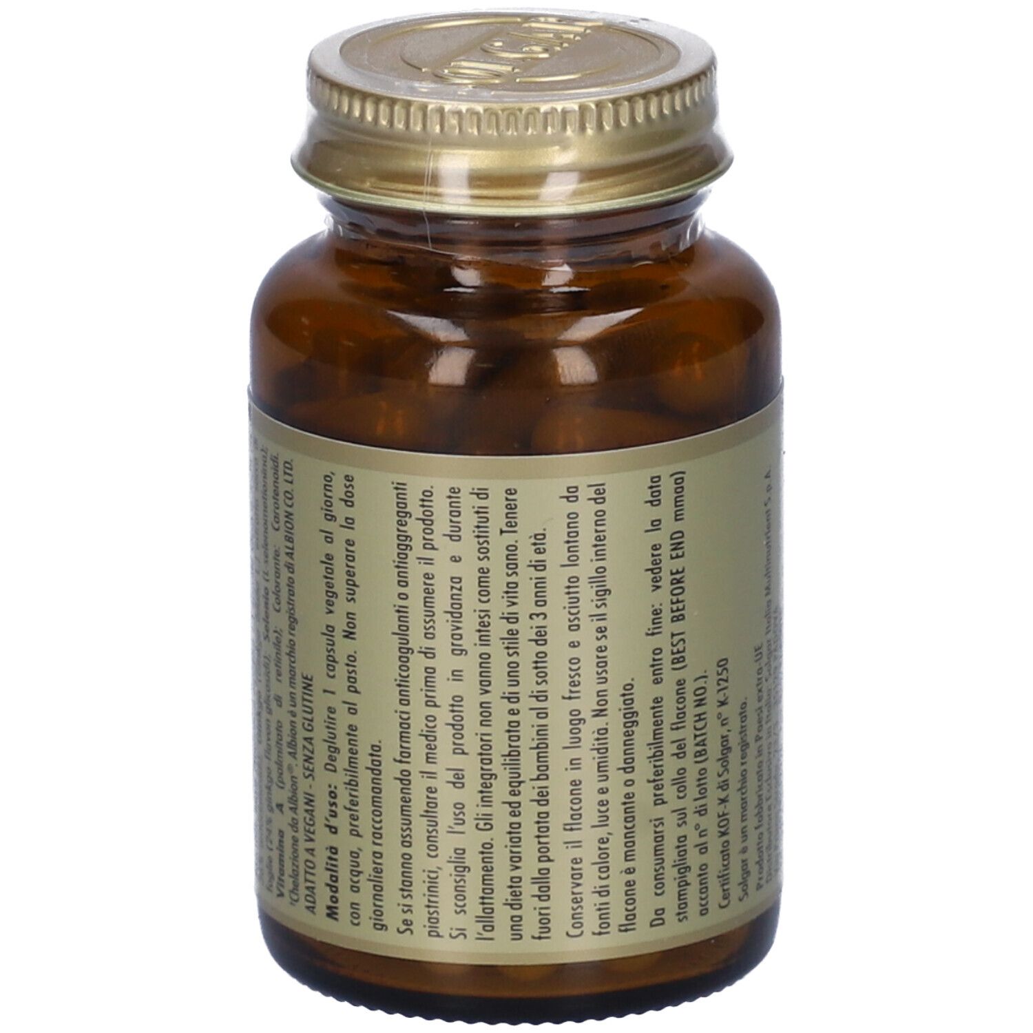 Flacone di vetro marrone con tappo dorato. Etichetta con nome prodotto Vistavital e marchio Solgar. 60 capsule.