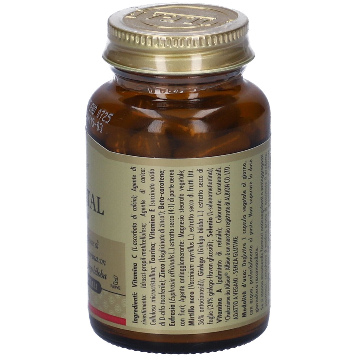 Flacone di vetro marrone con tappo dorato. Etichetta con nome prodotto Vistavital e marchio Solgar. 60 capsule.