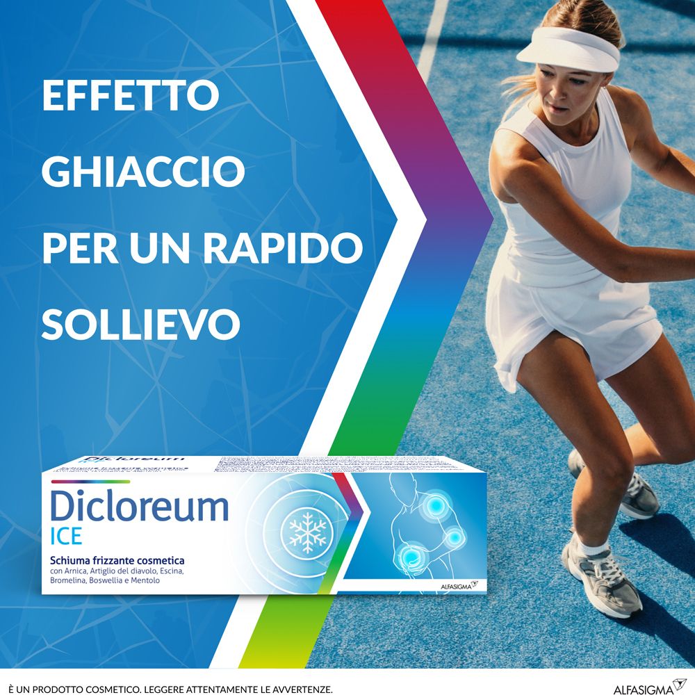 Dicloreum ICE. Verpackung mit Text und Grafik. Frau beim Tennis. Text: Effetto Ghiaccio.